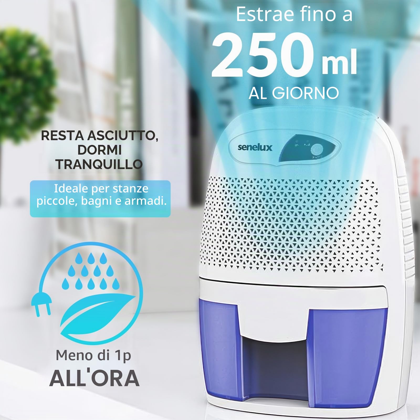 Senelux Potente mini deumidificatore portatile da 500 ml, piccolo deumidificatore efficiente e stabile, umido per la casa, assorbitore di umidità portatile per piccole stanze, bagno, cantina, da letto