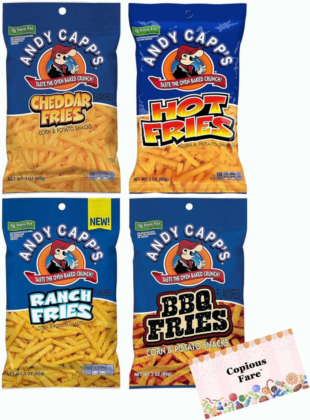 COPIOUS FARE Andy Capp’s Pack of 4 Corn and Potato Snack Assorted - Hot Fries, Cheddar Fries, BBQ Fries, and Ranch Fries Flavors 3 oz each - bundle with Card