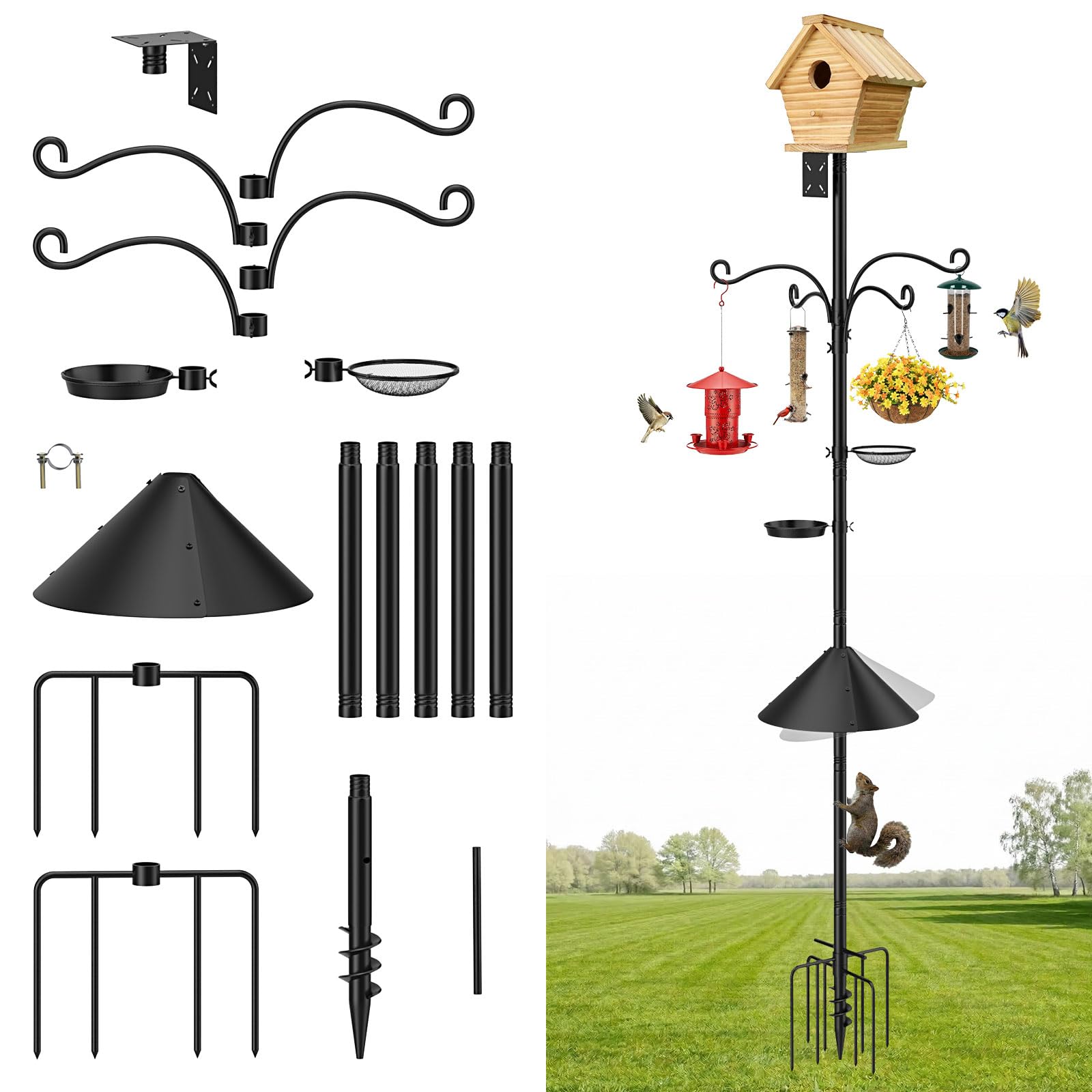 MoKo Bird Feeder Pole, 92 in with Squirrel Baffle 9 Prong Base
