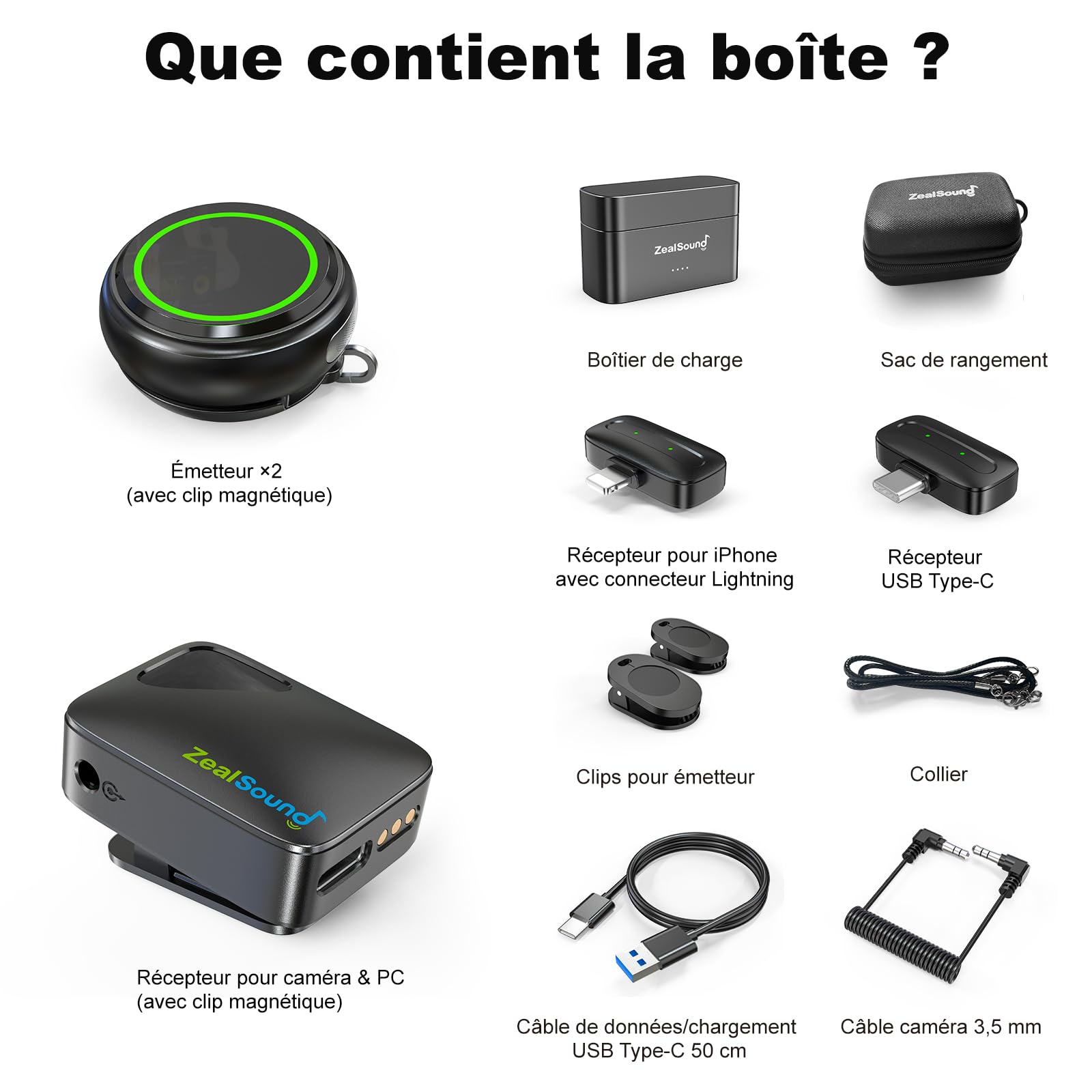 zealsound Micro Cravate sans Fil pour iPhone Android Caméra PC, 2TX + 3RX Mini Microphone avec Réduction de Bruit, 300m & 40H Utilisation, pour Vlog Enregistrement vidéo Streaming Entretien, M9
