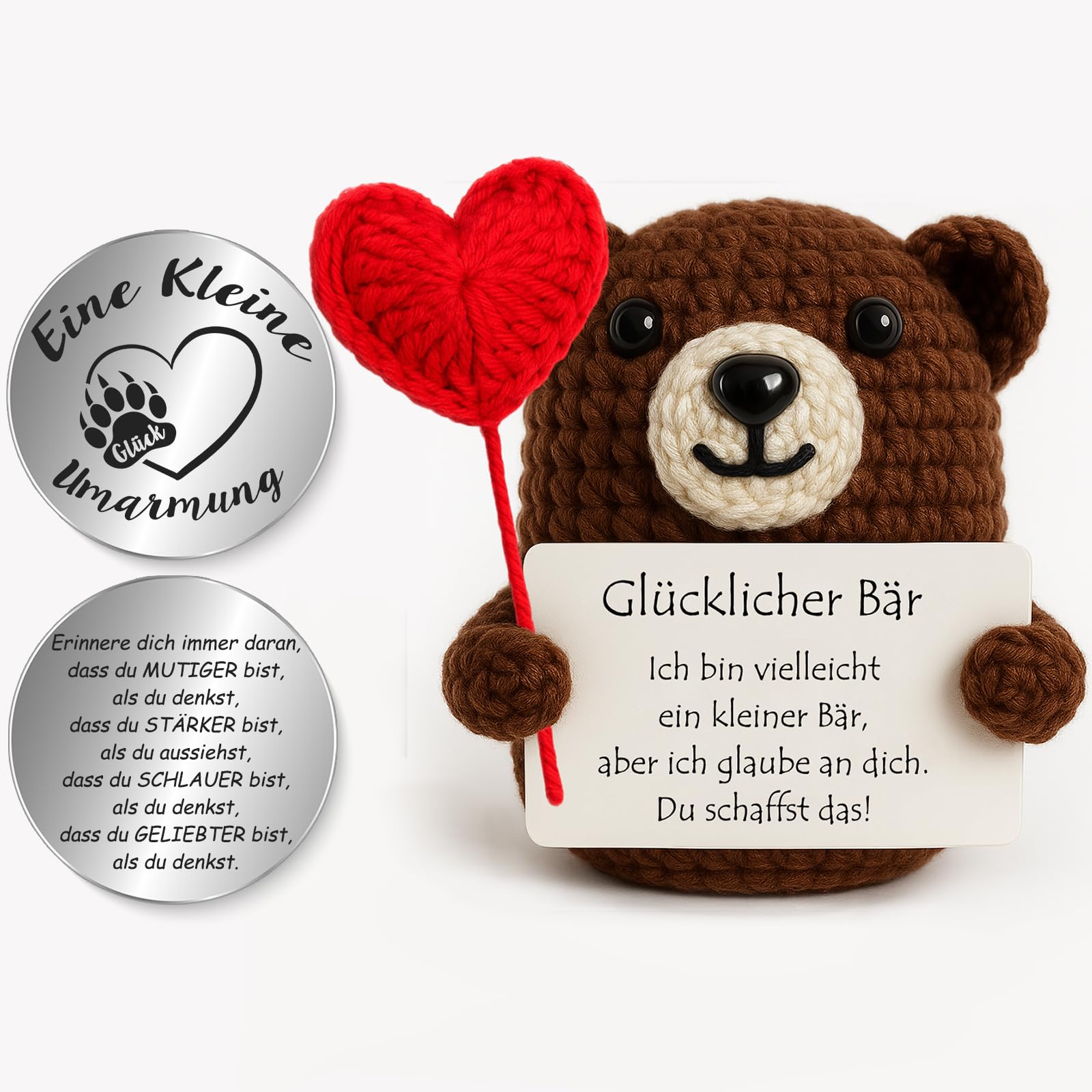 Tixlux Pocket Hug Glücklicher Bär mit Herz, Kreative Strickwolle Bär Dekofigur und Kleine Umarmung Glücksbringer (Grau), MutmacherGeschenk, Gute Besserung Geschenk, Einschulung Geschenk (Freundin)