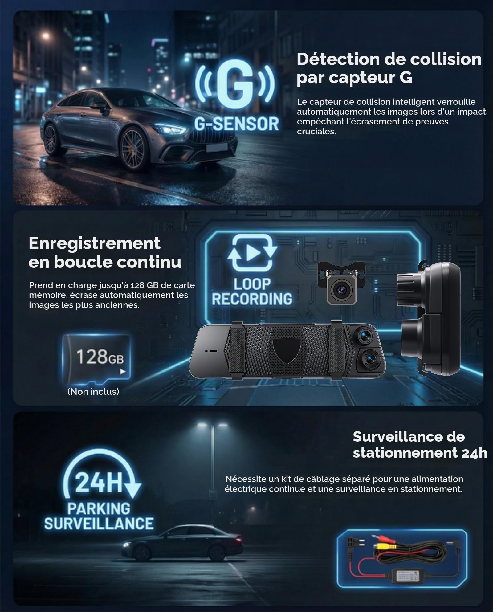SIXWIN Rétroviseur Dashcam 9,66" Tactile 1080P HD 3 Canaux WiF | Enregistrement 1080P + 2×720P | Vision Nocturne, Boucle, Capteur G, Caméra de Recul, Angle 150° | Installation Universelle