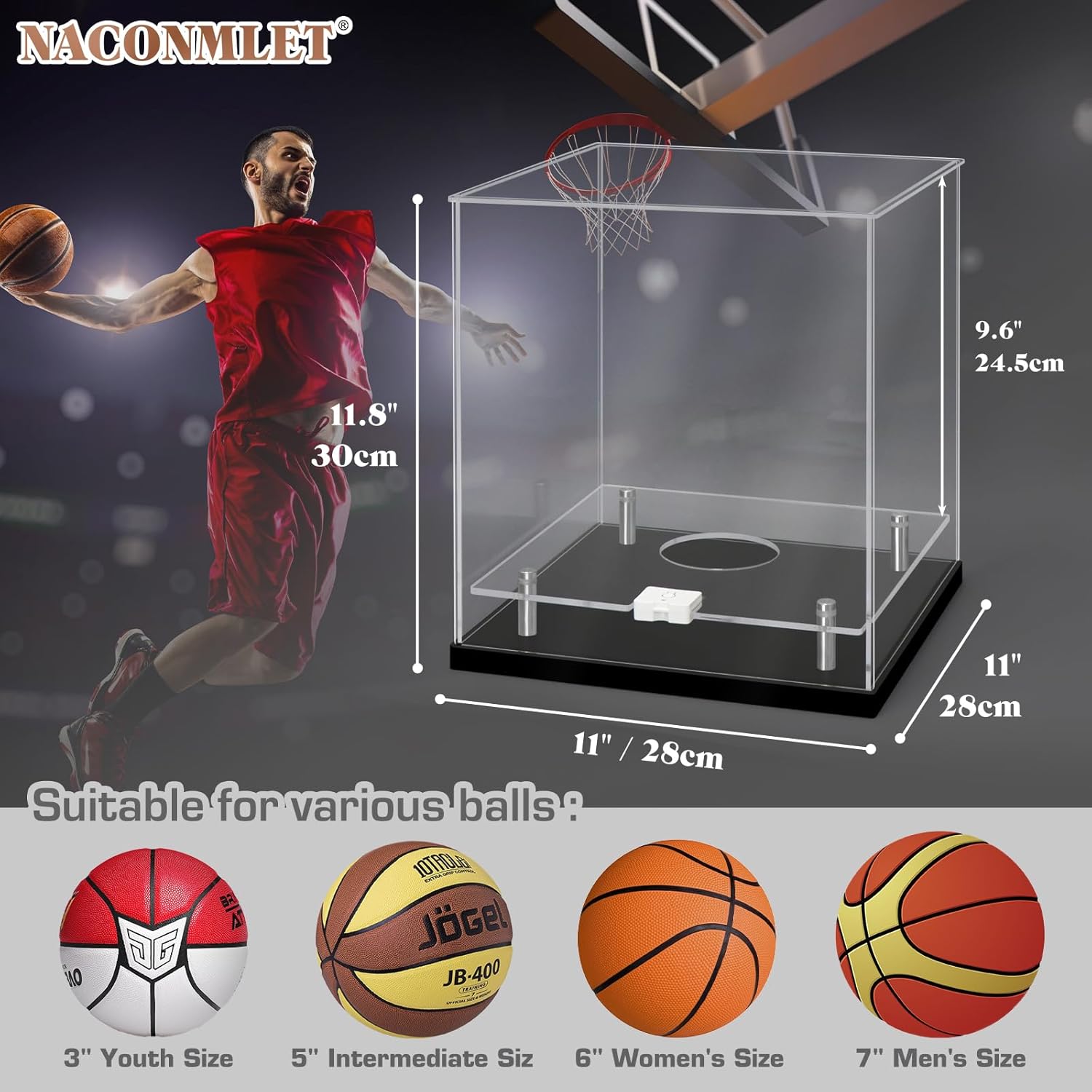 Basketball Display Case with LED Light-Clear Full Size Basketball Case Display,Acrylic Double Layer Basketball Display Stand for Autographed Ball Display /Fans & Collectors, Sports Collectibles