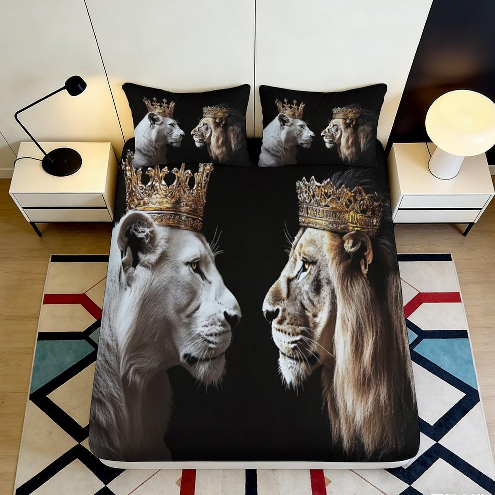 Pnayamiorkfel Style-10 3D Printed Lion Couple Crown Fitted Sheet Microfiber Soft Black Bed Cover For Bedroom Guest Room Dorm Decor 90X200x25cm