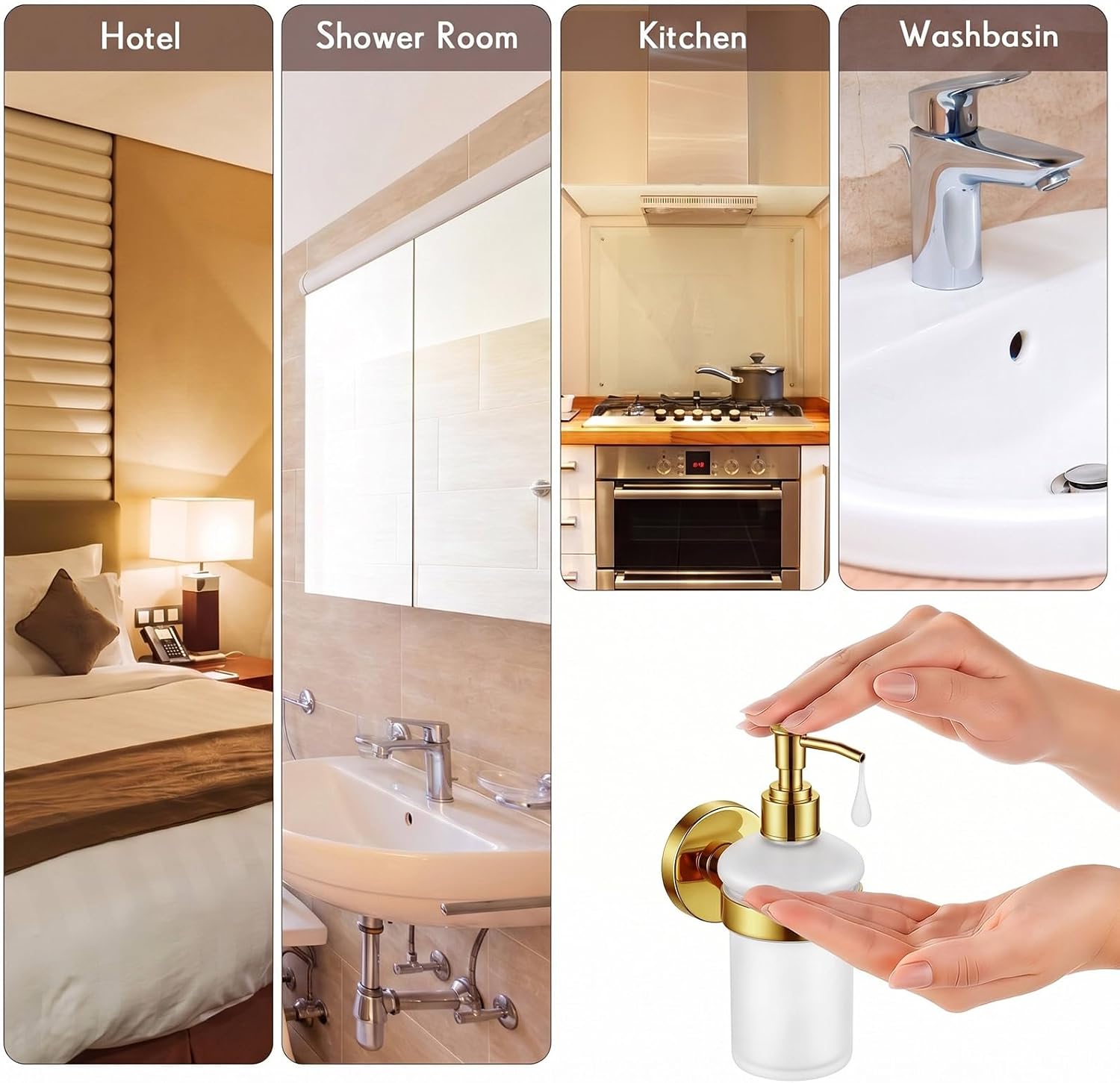1 Pack Wall Mounted Soap Dispenser with Pump & Holder, Gold
