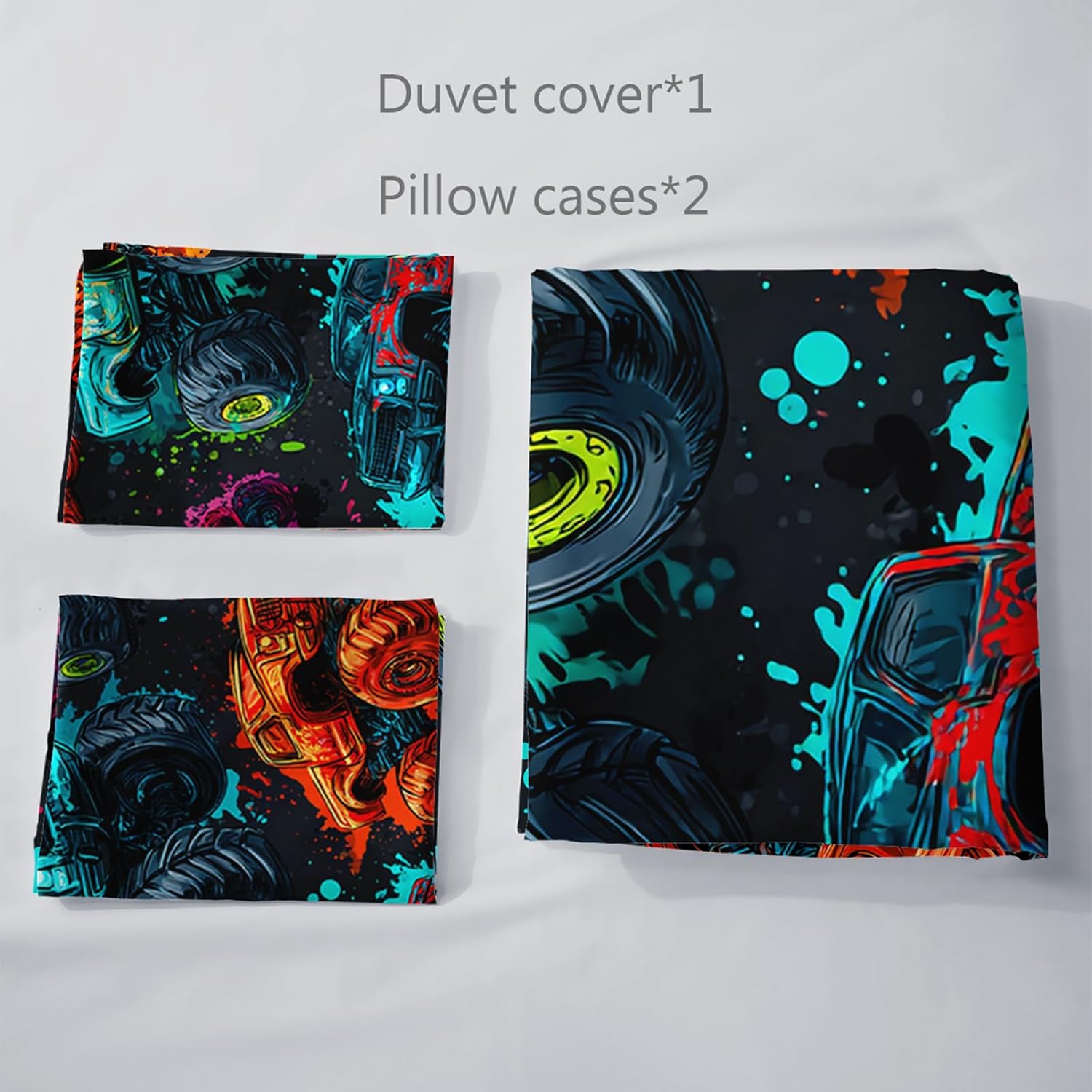 AILONEN Monster Truck Print Duvet Cover Set Twin Size,Cartoon Trucks Bedding Sets for Kids Teens Boys,Cool Graffiti Comforter Cover,3-Piece, 1 Quilt Cover and 2 Pillowcases,Soft Microfiber