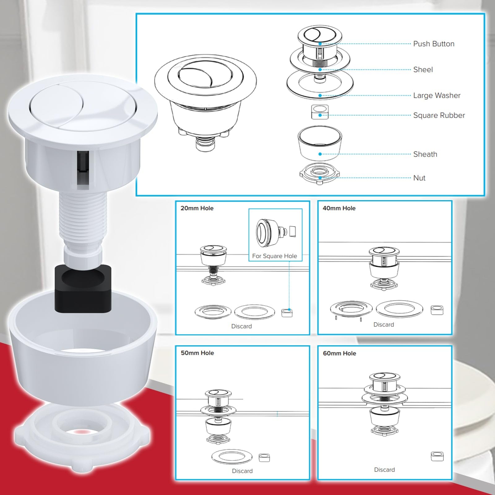 SPARES2GO Universal Toilet Cistern Dual Flush Push Button Kit for 20mm 40mm 50mm 60mm Lid Hole (Gloss White) - Image 3