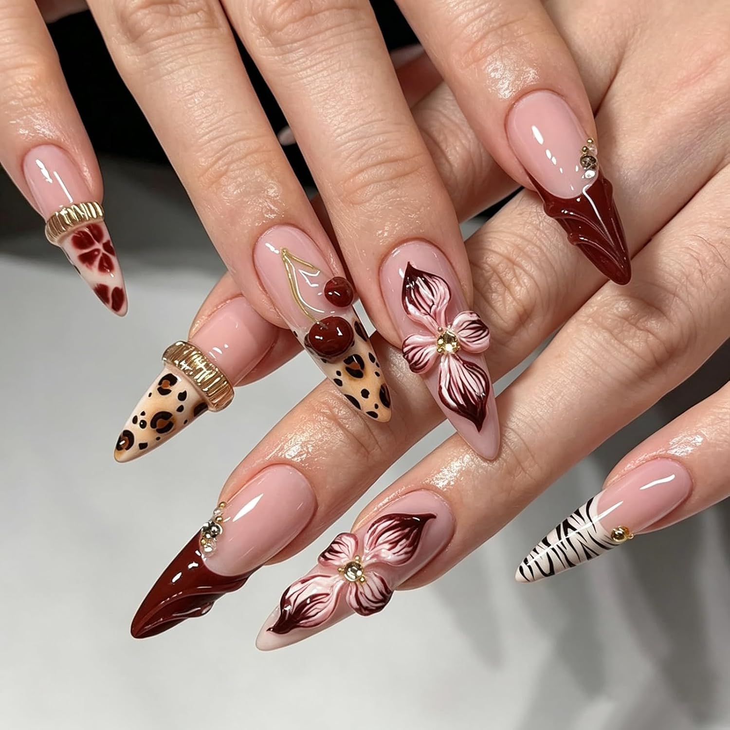 24Pcs Long Almond Press on Nails Leopard Fake Nails with 3D Red Floral and Cherry Zebra Stripes Designs Reusable Glossy Artificial Fall False Nails Full Cover Stick on Nails for Women