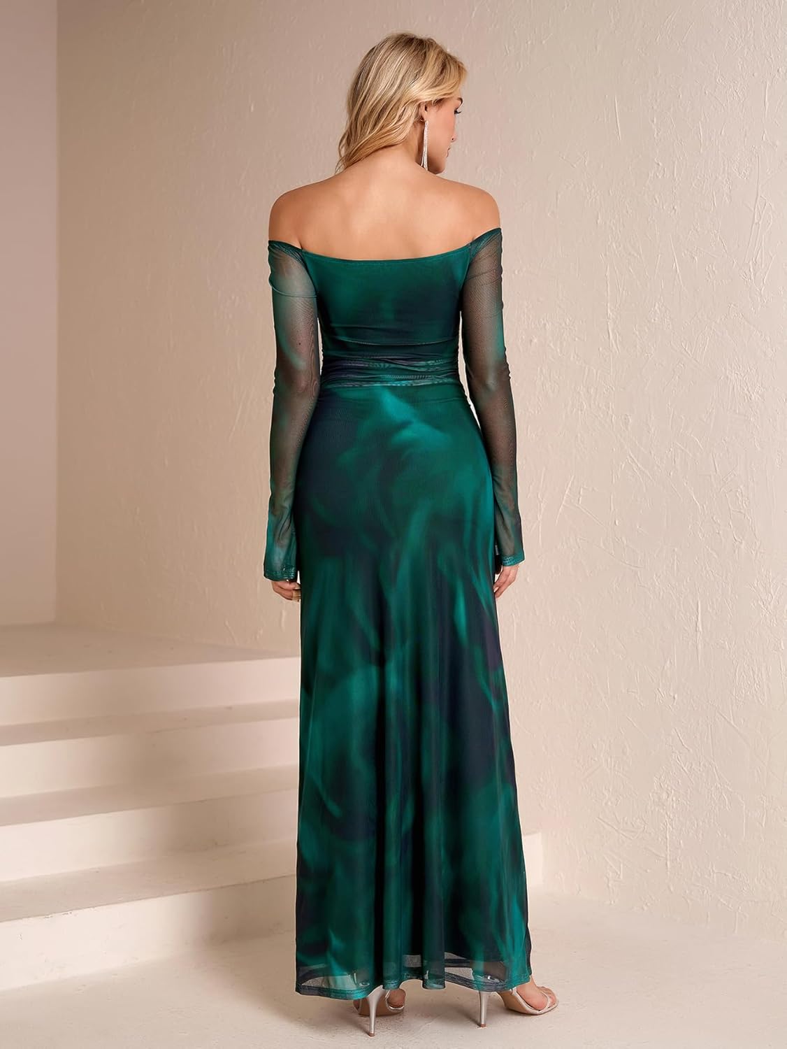 Women Fall Long Sleeve Floral Bodycon Maxi Dress Sexy Off Shoulder Ruched Wedding Guest Formal Party Long Dresses - Image 2