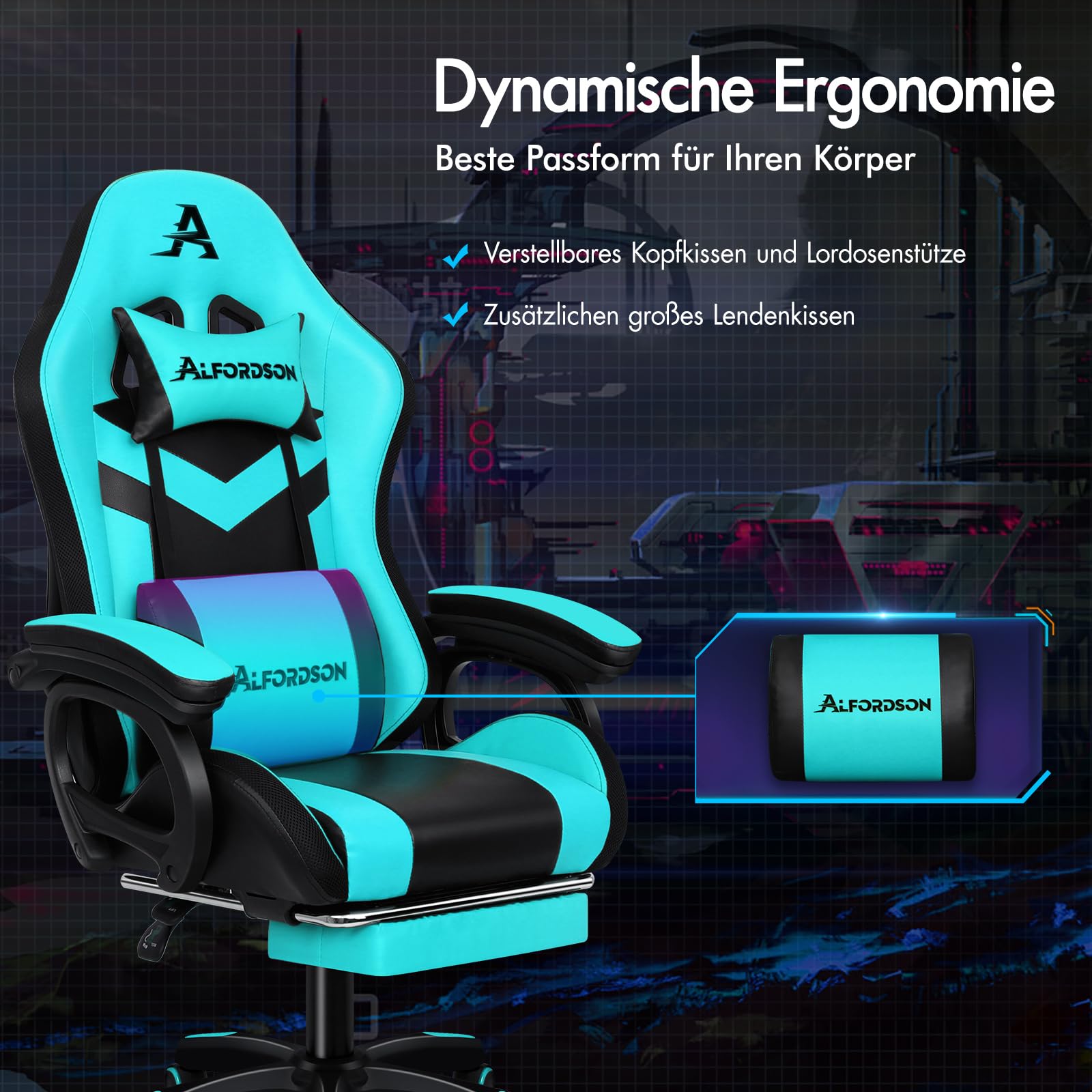 ALFORDSON Gamer-Stuhl Gamer Stühle RGB LED Racing PC-Gaming-Sessel Massage Bürostuhl ergonomisch Schreibtischstuhl Fußstützen, 90-150°Neigungswinkel,180 kg belastbar, Cyan