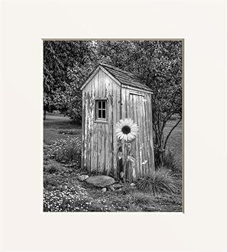 Littlepiecreations Black White Vintage Outhouse Bathroom Wall Art, Photography Art, Outhouse Sunflower Country Farmhouse Matted Wall Decor Handmade Black White