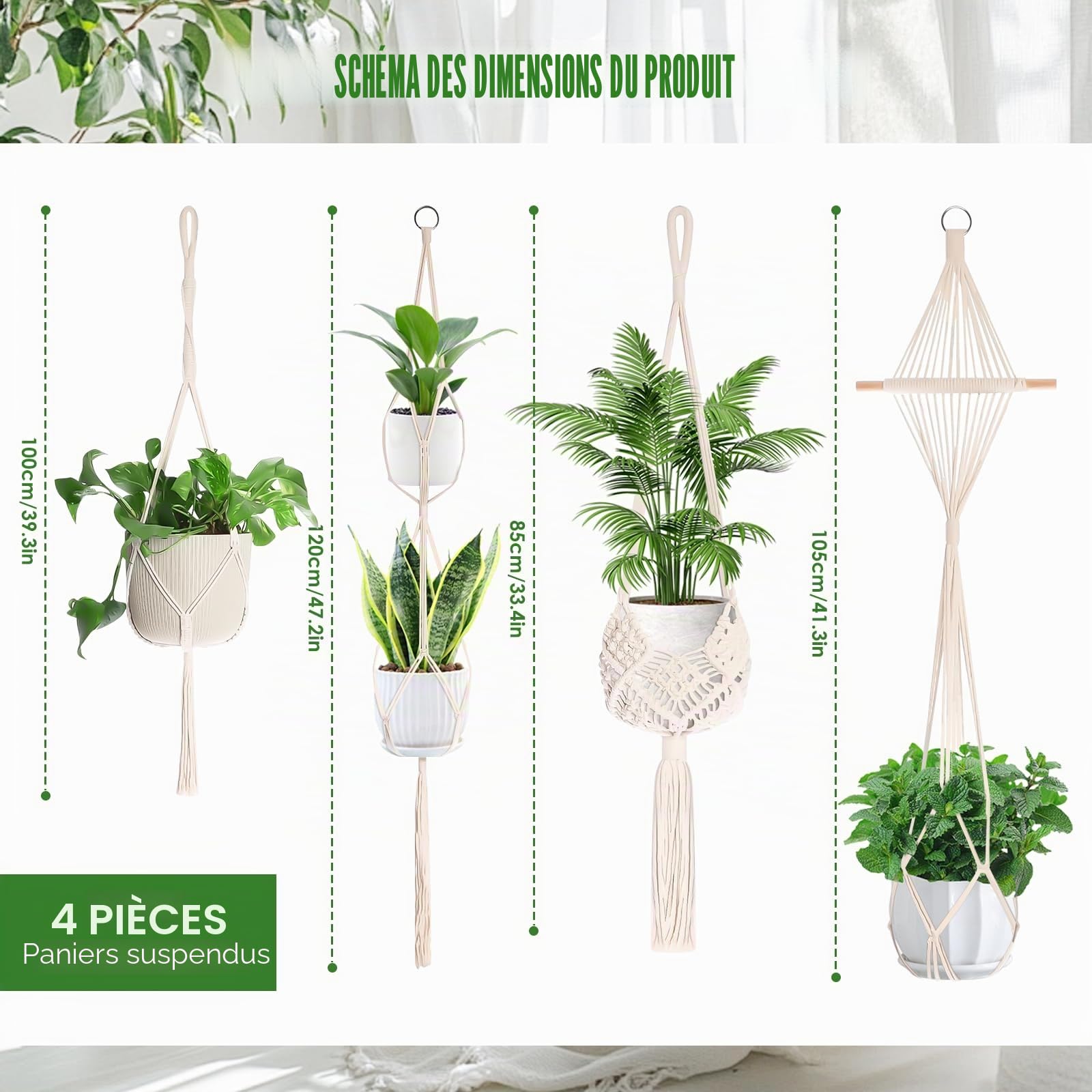 AKONE Lot de 4 pots de fleurs suspendus en macramé - Décoration bohème - Avec crochets - Pot de fleurs à suspendre pour plantes - Style bohème - Pour jardin, balcon, décoration murale