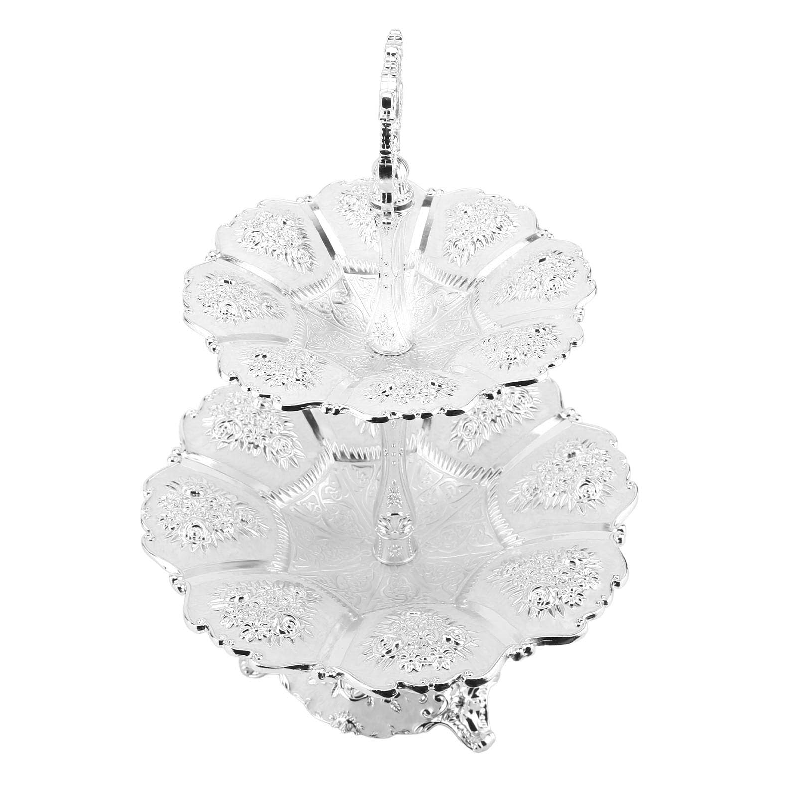 Elegante plato de servir de 2 niveles con mango conveniente para bodas y fiestas de cumpleaños, soporte de torre para pastel para un centro de mesa llamativo (Plata Blanco)