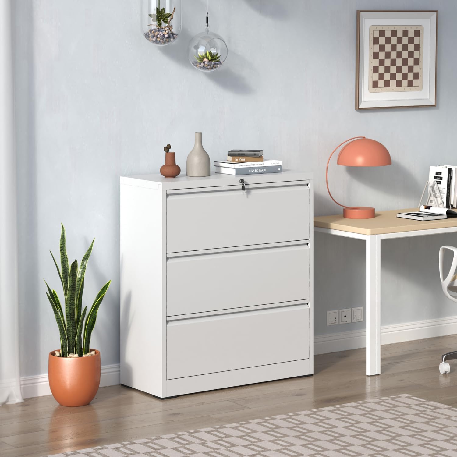 3-Drawer Lockable Metal File Cabinet White High-Security Design Home Office Sleek and Functional