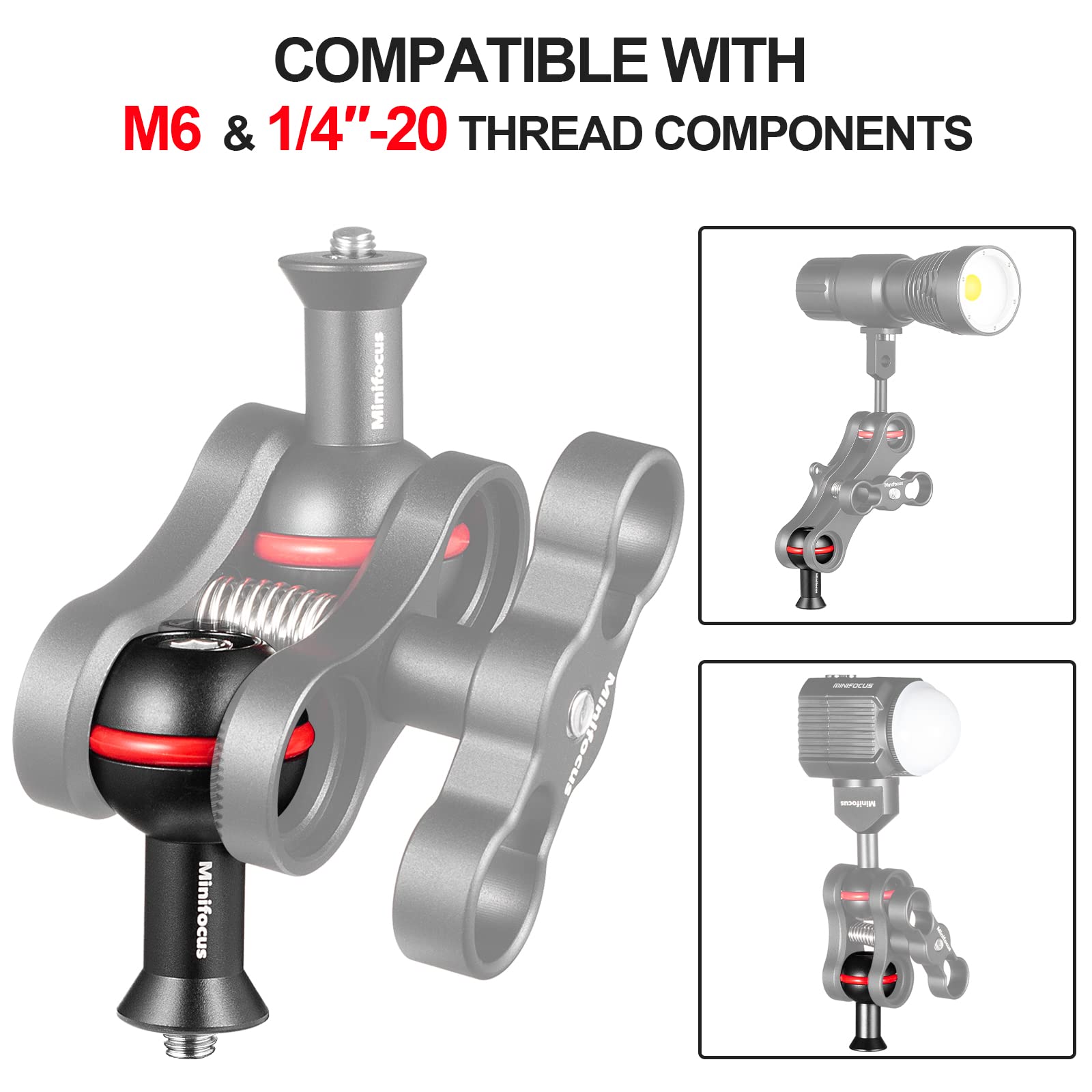MINIFOCUS Adaptador de bola de 1" con rosca M6 y 1/4", aleación de aluminio, adaptador de montaje de cabeza de bola fija para cámara de acción y videocámara, compatible con soporte de bandeja