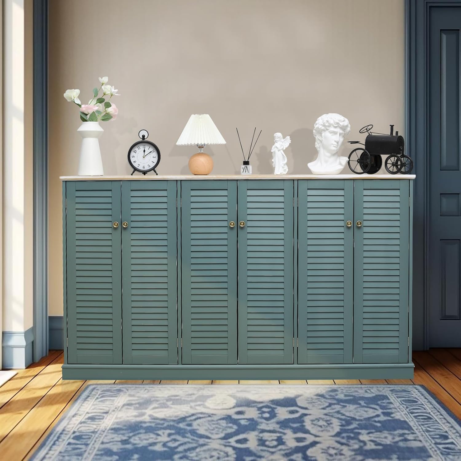 Farmhouse Sideboard Buffet Cabinet Storage with 6 Shutter Door for Kitchen & Living Room Storage Cabinet, Wood Coffee Bar, Teal Color, 11.75" D x 63" W x 36.75" H