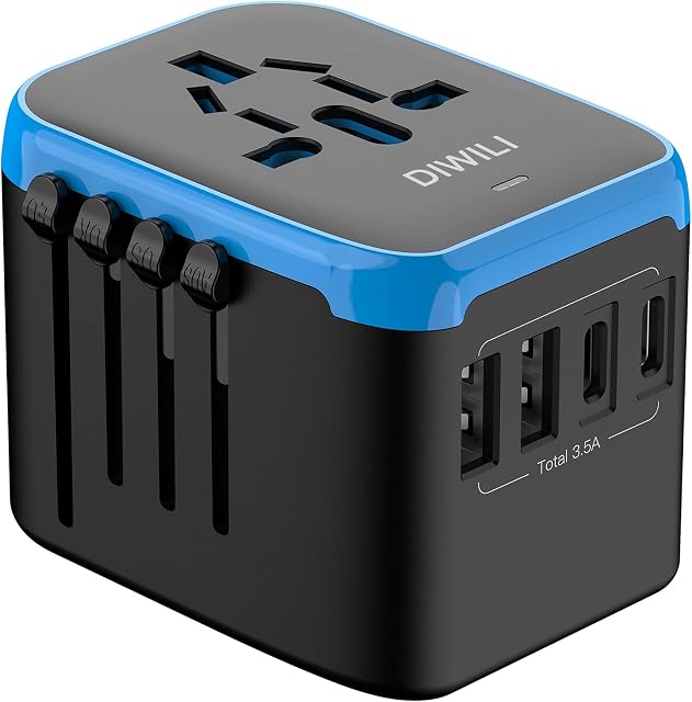 Universal Travel Adapter, DIWILI International Power Adapter, 5 in 1 European Travel Plug Adapter W/ 3.5A 2xUSB-A and 2xUSB C Wall Charger and Worldwide AC Outlet for Europe USA UK AUS Asia