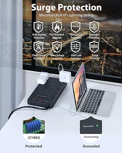 Miniatura 6 de FDTEK - Tira de alimentación con protección contra sobretensiones, 22 tomas de corriente alterna con 6 USB (1 USB-C), cable de extensión de 6.5