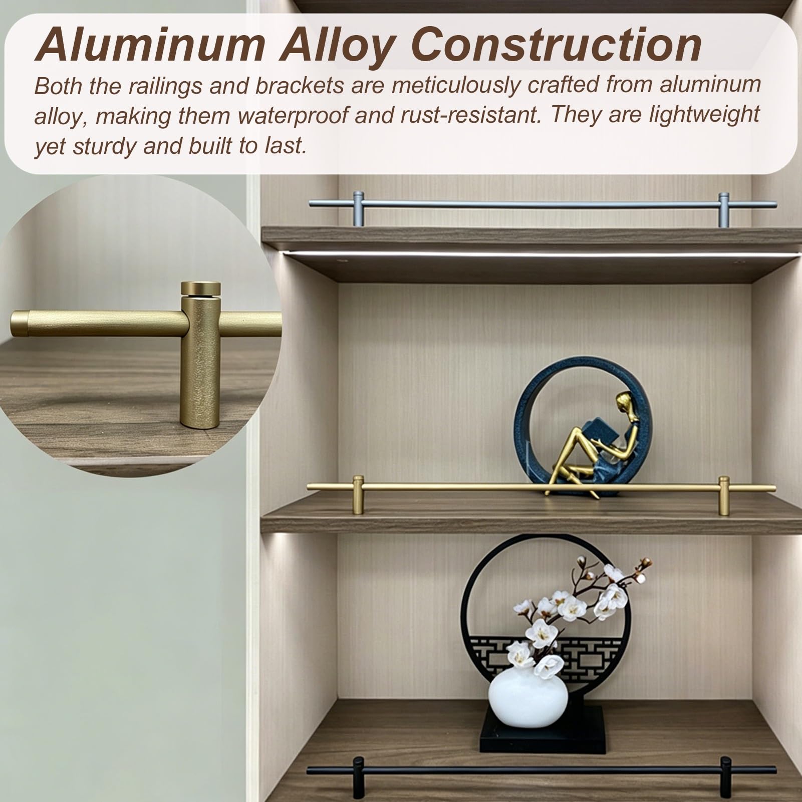 45 cm polerowany dekoracyjny drążek ochronny ze stopu aluminium, kuchenny metalowy słupek do wargi z zaślepkami, złoty kolor, idealny na półki 25-101 cm