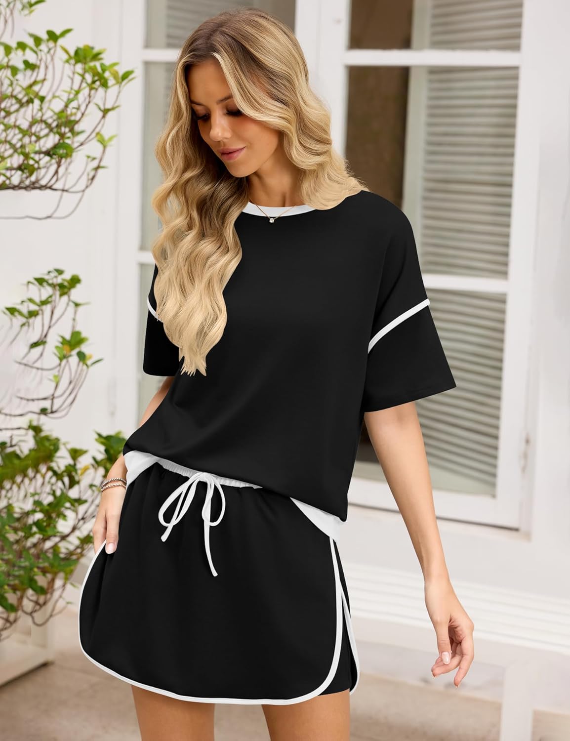 Rapbin Women's 2 Piece Sets Summer Casual Short Sleeve Tops Matching Drawstring Mini Skirt Going Out Lounge Outfits - Image 4