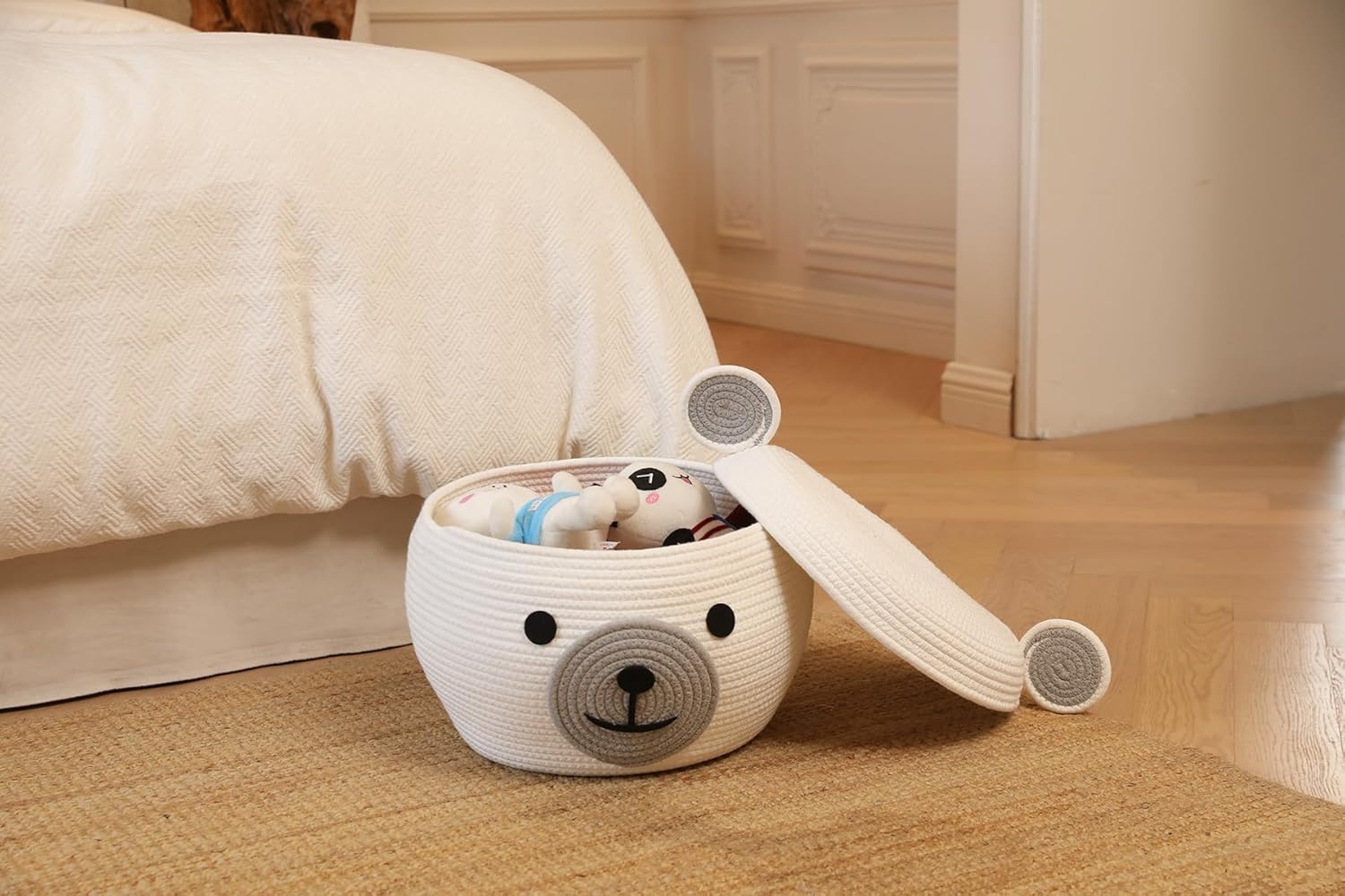 Cottonphant Handcrafted Animal Inspired Basket with Lid, White Bear, 15"x12"