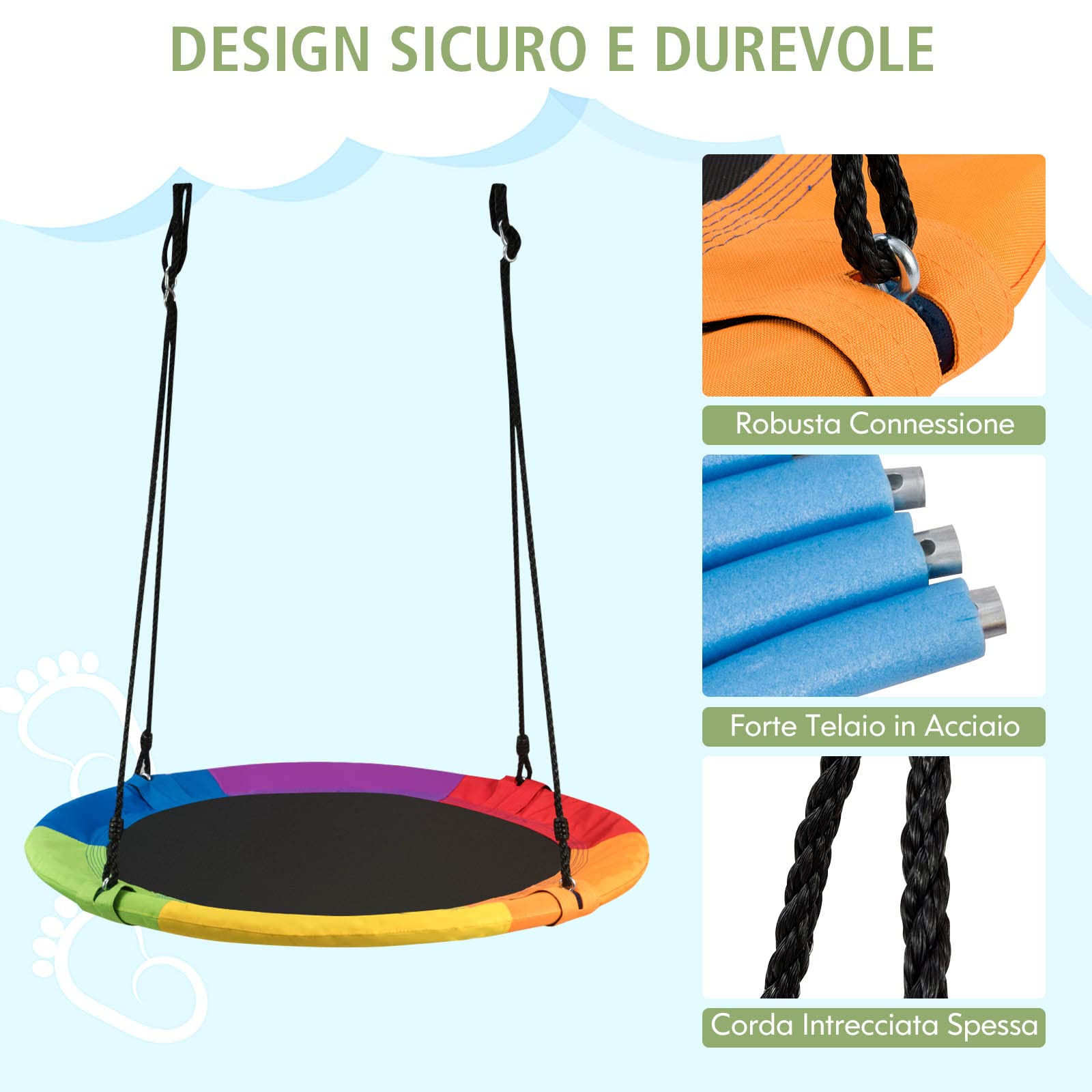 RELAX4LIFE Altalena da Giardino per Bambini, Altalena Rotonda a Nido per Esterno e Interno, Altezza Regolabile 100-180cm, per 2-3 Bambini, Carico massimo: 150kg (Colorato+Chinghia)