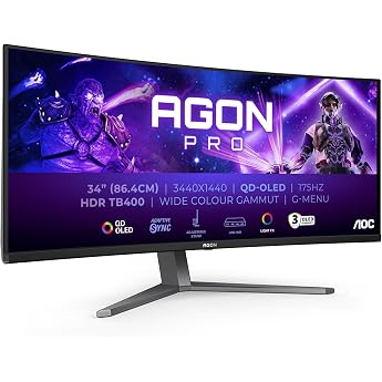AOC AG346UCDAM 34 Inch Curved UW-QHD USB Hub Gaming Monitor 175Hz QD-OLED Panel 0.03ms GtG HDR400 TB FreeSync Prem. G-Sync Comp. Height Adjustment Speaker 3440 x 1440 HDMI 2X 2.0 DP 1x 1.4
