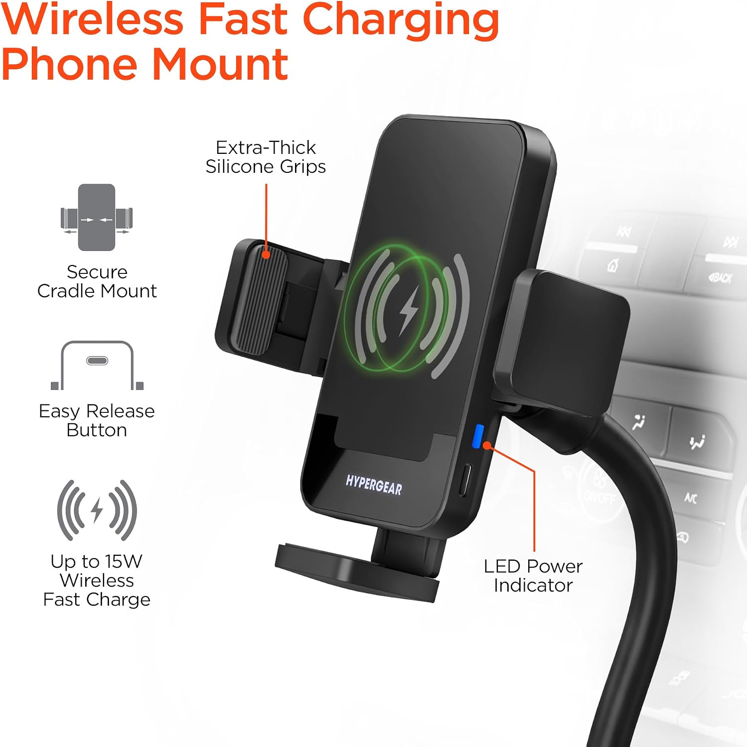 15W Wireless Fast Charging Car Cup Holder Phone Mount with Auto Clamping Cradle Grip & Flexible Gooseneck Fits All Qi-Enabled iPhone & Android Devices