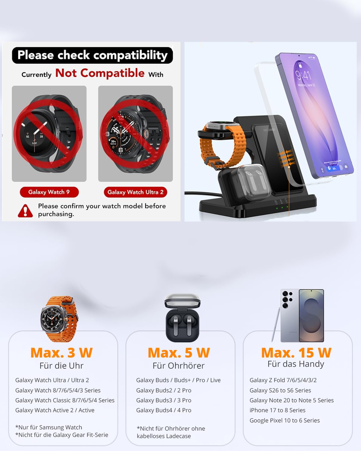 Cargador inalámbrico 3 en 1 para Samsung, estación de carga inalámbrica para S24ultra/S22Ultra/S23/Z Fold4/Flip4, Galaxy Buds Galaxy Watch8 Classic8/7/6/5/4, no compatible con Galaxy Watch Ultra 2 y