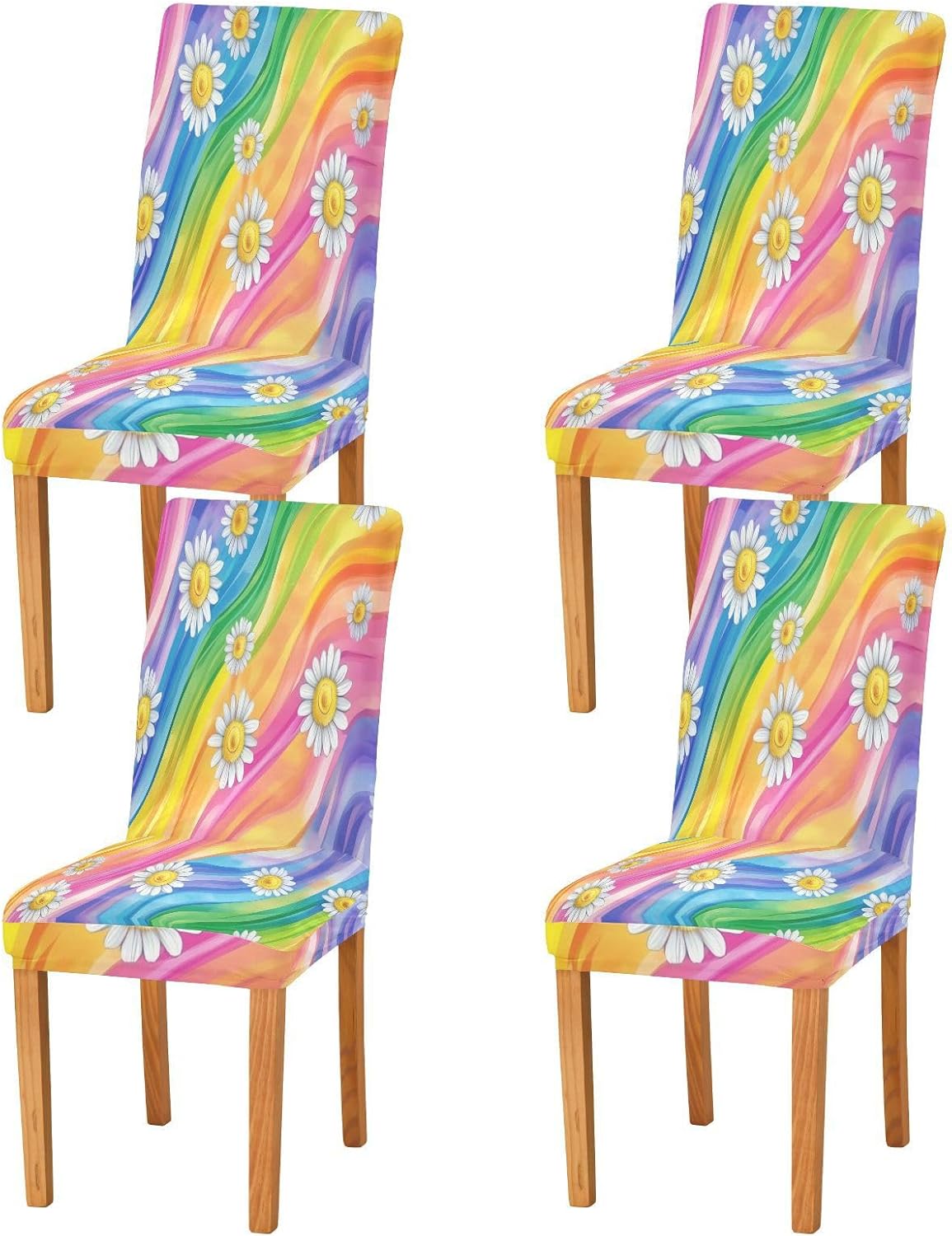 ALAZA Chair Covers for Dining Room, Tie Dye Daisy Flowers Rainbow Color Stretch Chair Cover Sets Chair Protector Removable Washable for Ktichen Restaurant Hotel