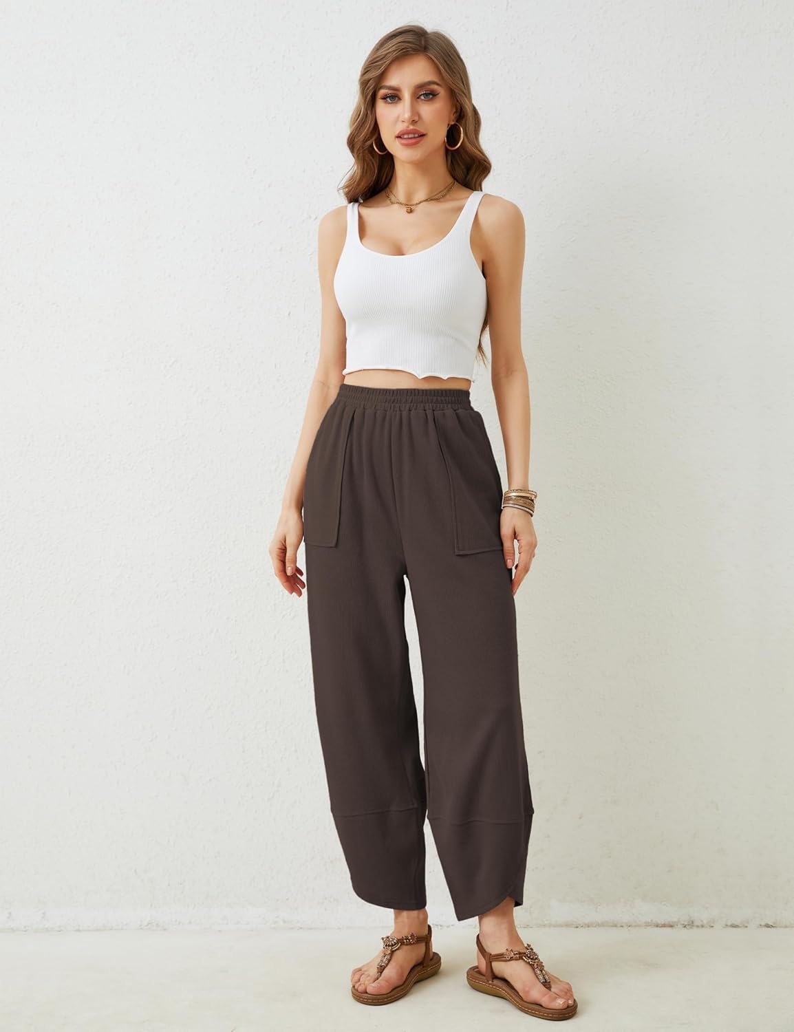 Womens Baggy Wide Leg Pants Summer Casual Elastic Waist Palazzo Harem Pants with Pockets - Image 2