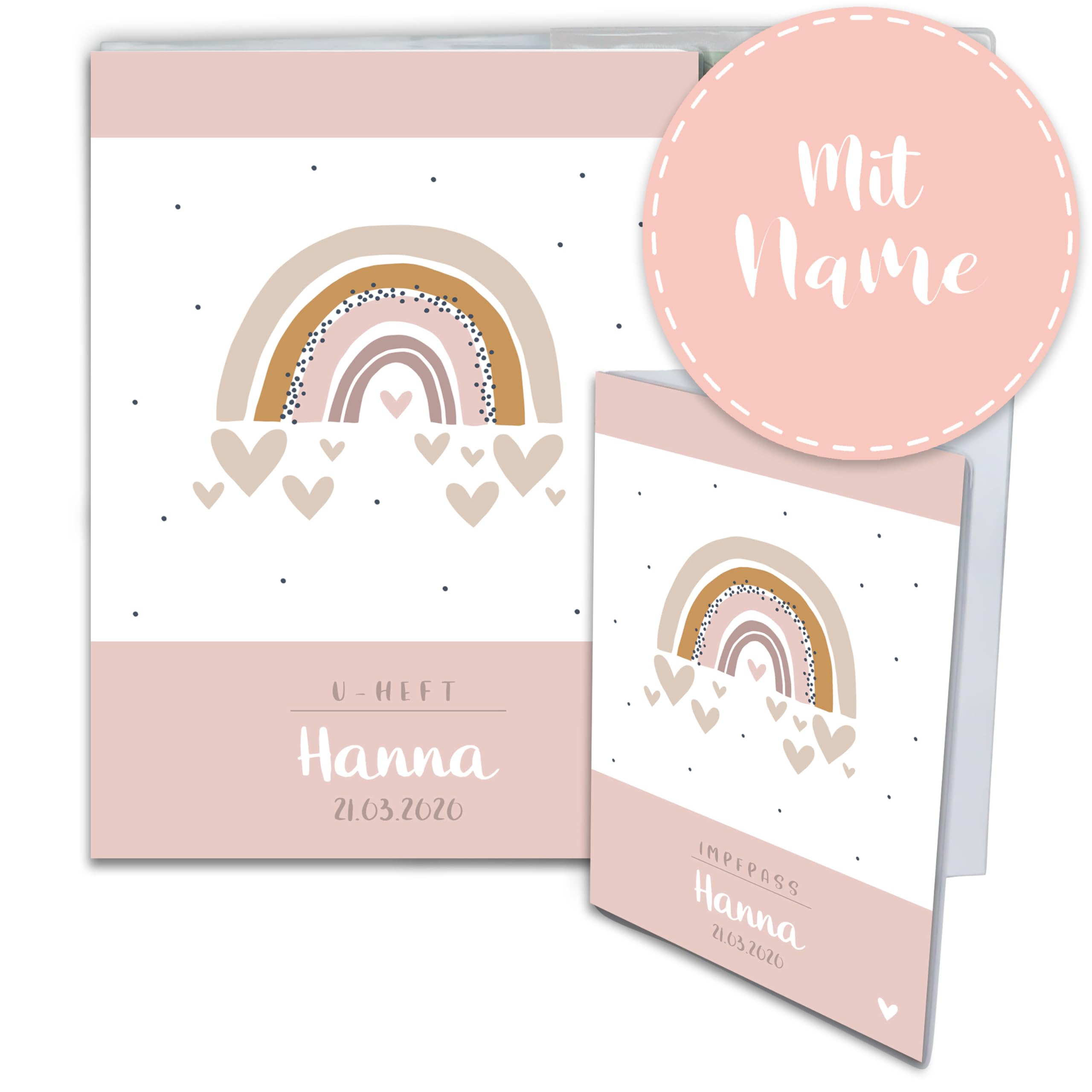 Minilino personalisierte U Heft Hülle 3-teiliges Premium Set für Impfpass & U-Heft [ SCHÜTZT WICHTIGE DOKUMENTE ] Organizer für Untersuchungsheft (Regenbogen rosa retro)