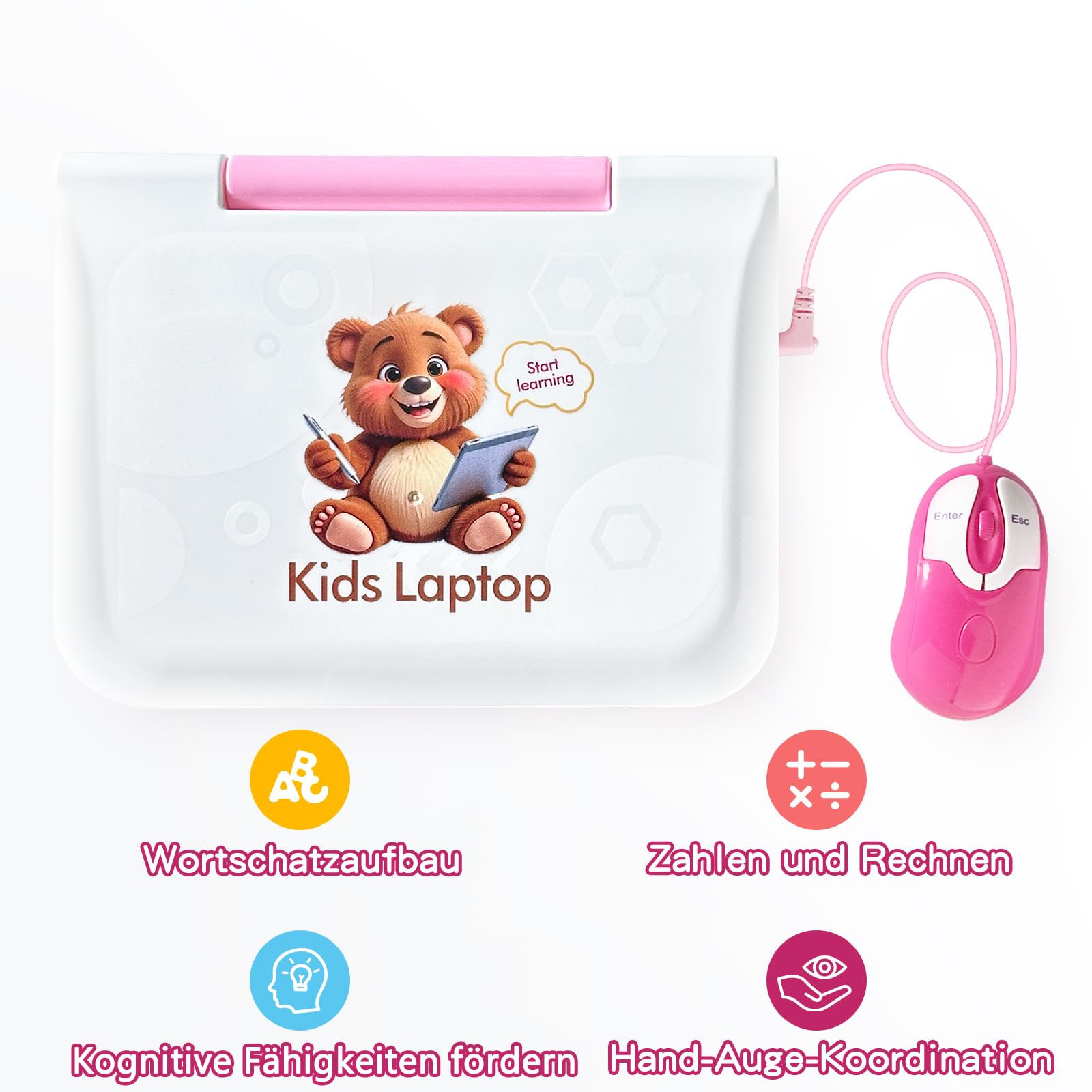Kinderlaptop Lerncomputer Rosa Farbdisplay Maus: Englisch Lernen, 62 Aktivitäten Mathe Spiele, Pädagogisches Geschenk für Mädchen ab 5 Jahre
