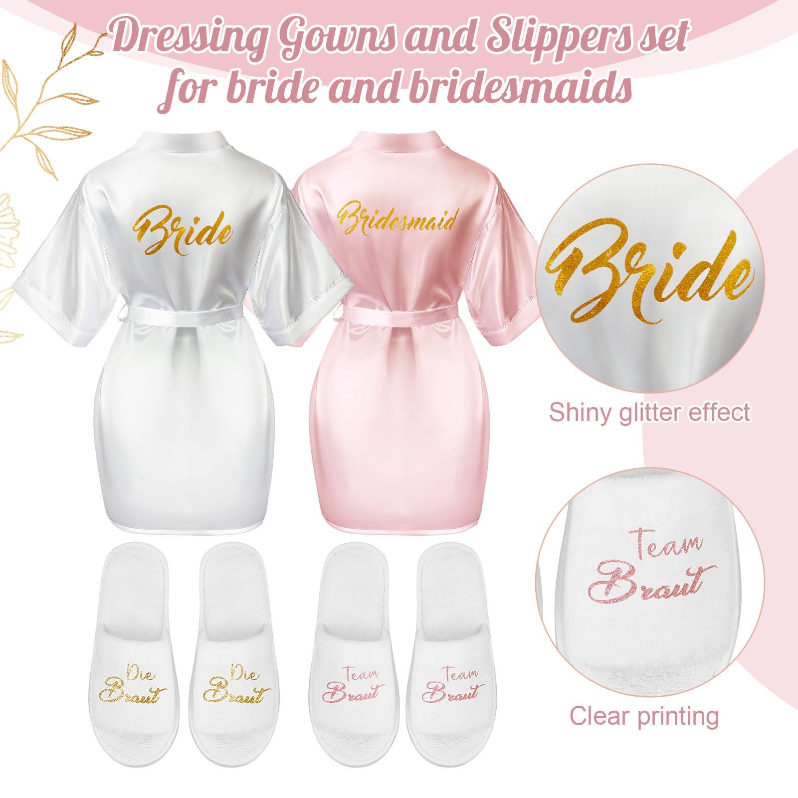 Hestya Peignoir de Mariage pour Femmes Peignoir en Satin pour Mariée et Demoiselles d'Honneur avec Pantoufles et Élastique à Cheveux EVJF Décoration pour Fiançailles Mariage