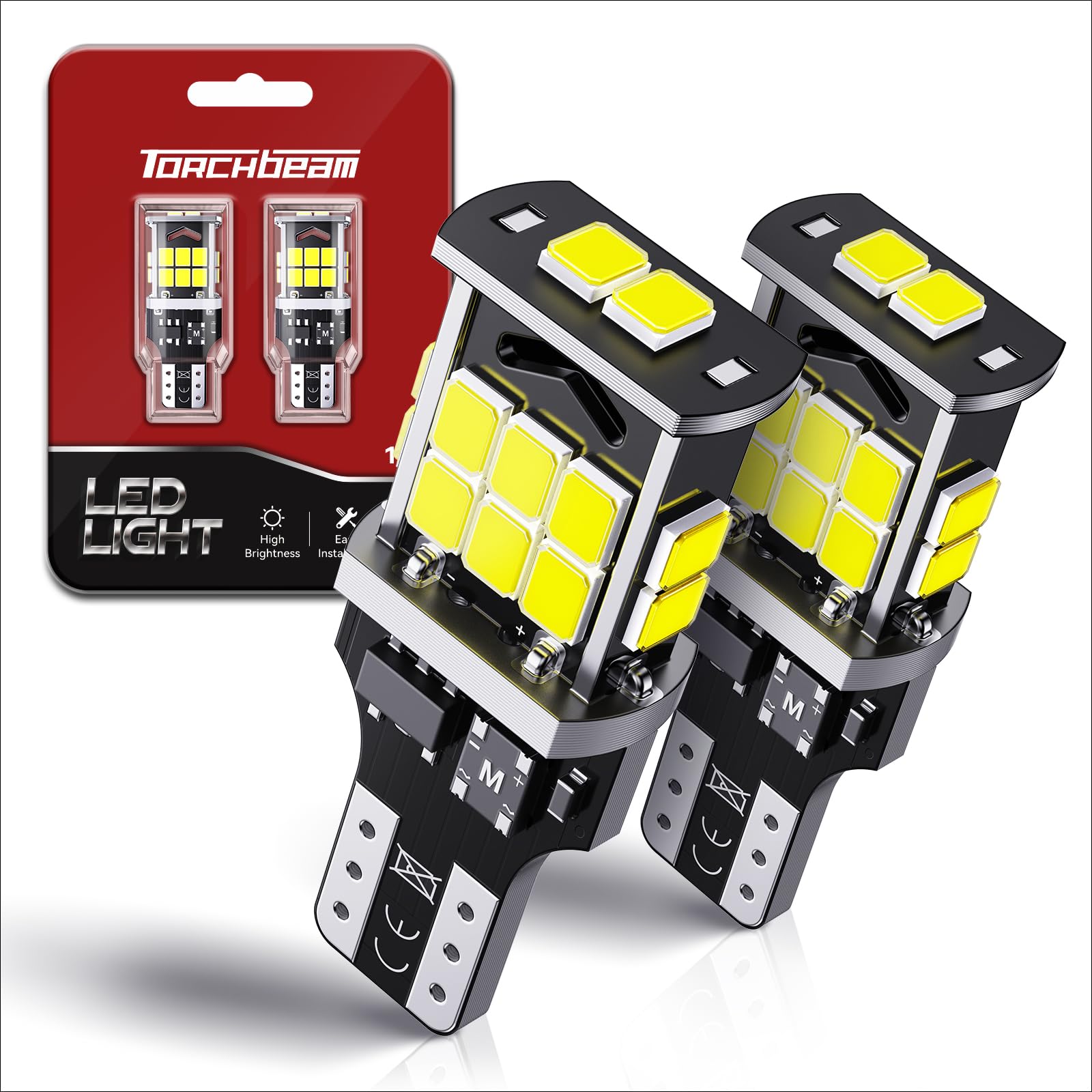 Torchbeam 921 led Bulb Reverse Lights 500% Brighter 912 T15 LED White CAN-BUS for 922 906 W16W 912 921 Bulbs Replacement Reverse Light Bulb Backup Brake Lights for Car Trunk, Super Bright, Pack of 2