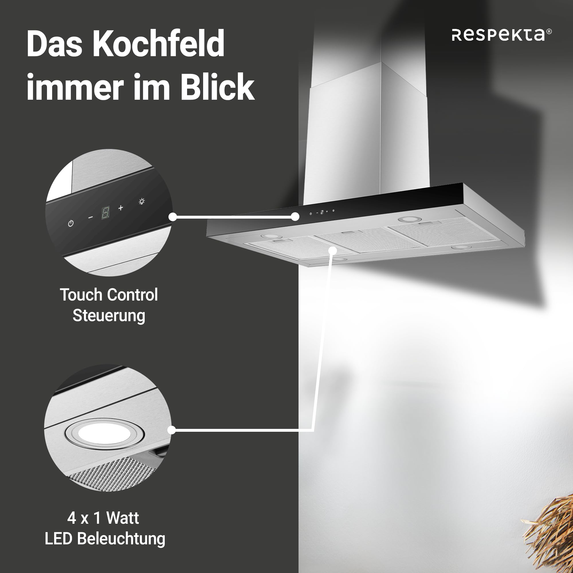 Respekta Dunstabzugshaube CH44199IX-21 / Inselhaube aus Edelstahl mit Glasfront, 90 cm/Luftstrom max. 631,7 m³/h/Abluft- und Umluftbetrieb/Energieeffizienzklasse A+++ / 42 – 63 dB