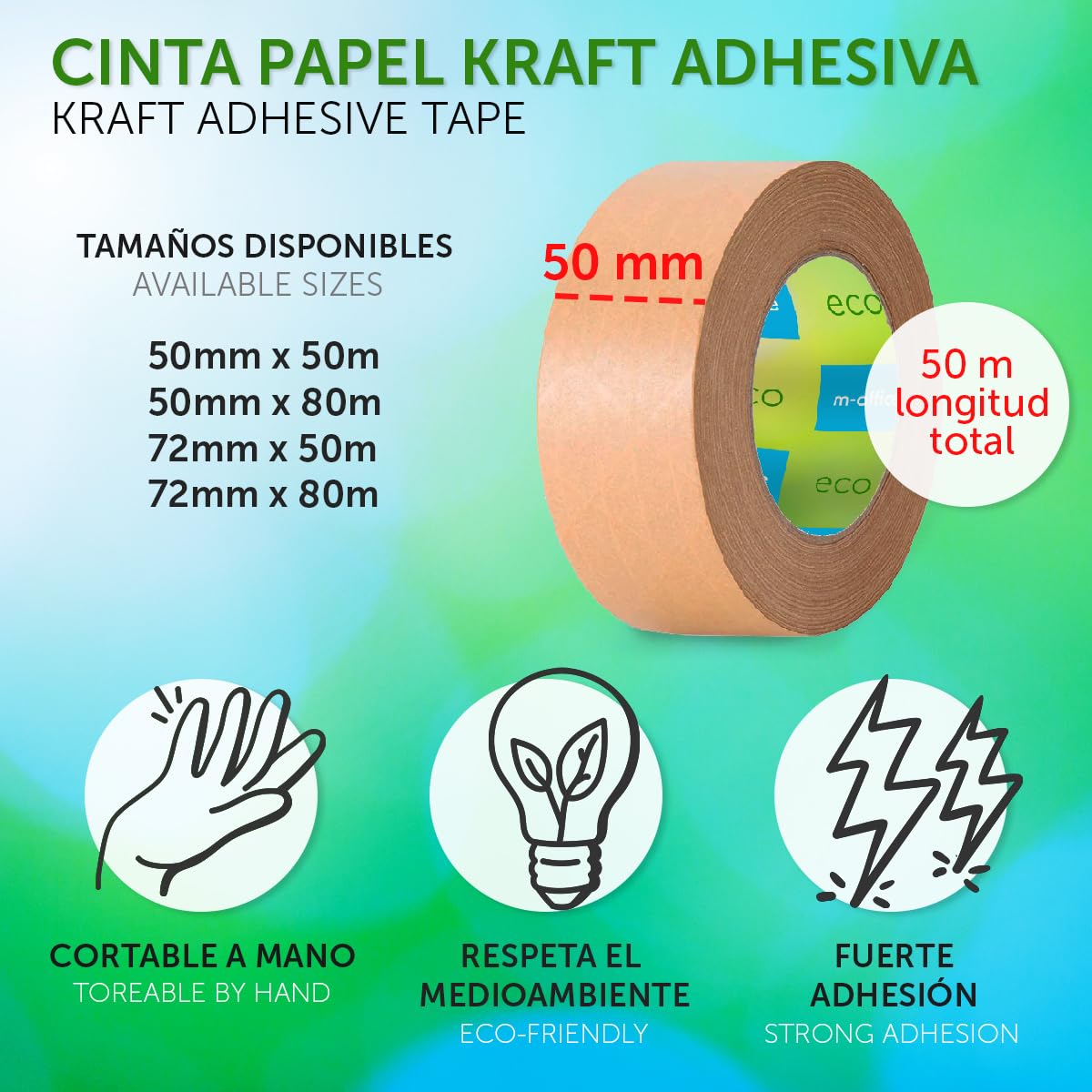m-office Cinta Adhesiva Papel Kraft, Cinta de Embalar Adhesiva para Embalaje de Cajas, Envíos, Mudanzas y Manualidades, Cinta de Papel Embalaje, Cinta Marrón Papel Kraft (1 ud, 50mmx50m)