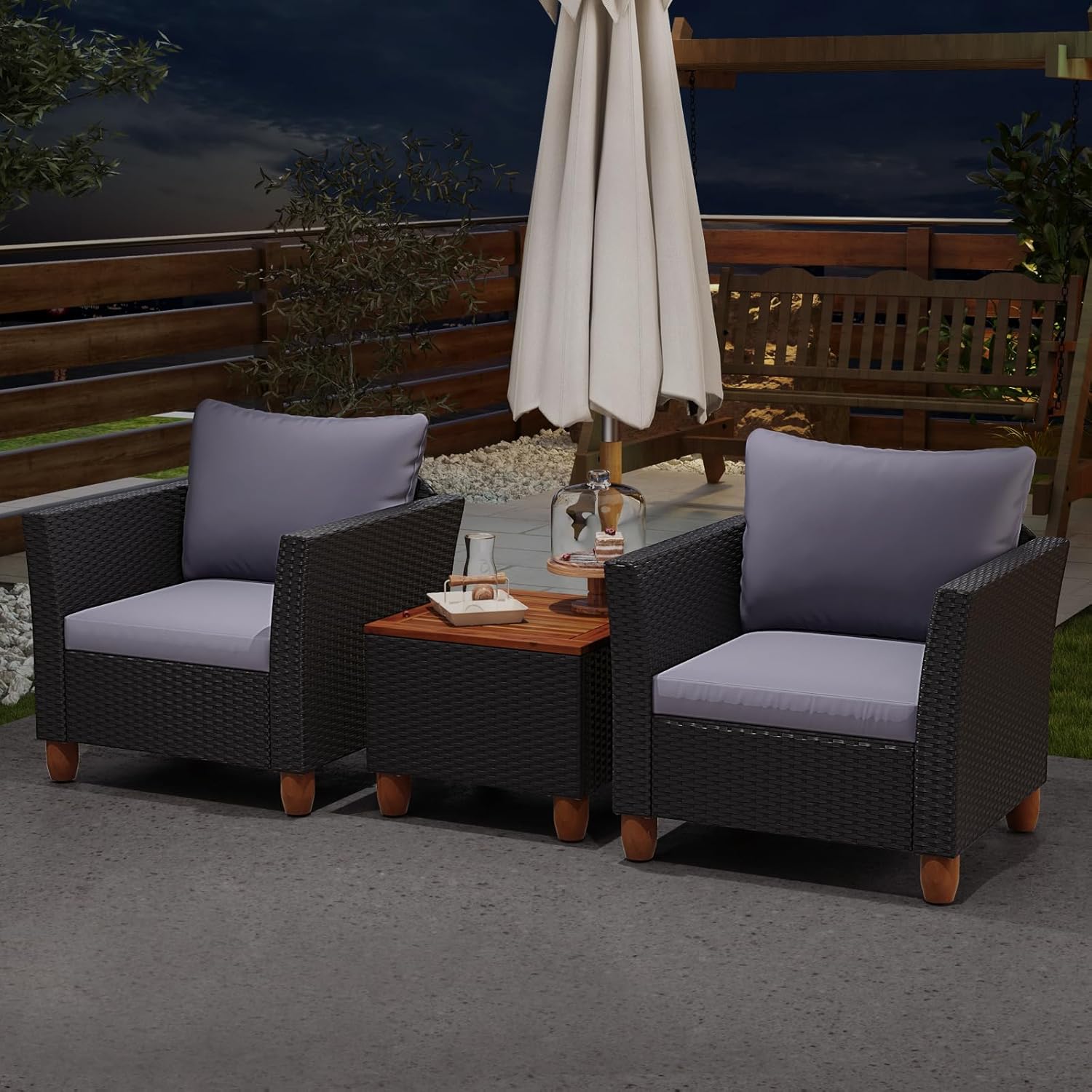 Tangkula 3 Pieces Patio Porch Furniture Set, PE Rattan Wicker Chair Conversation Set with Cushions and Storage Table, Outdoor Acacia Wood Bistro Set for Garden, Poolside (Grey)