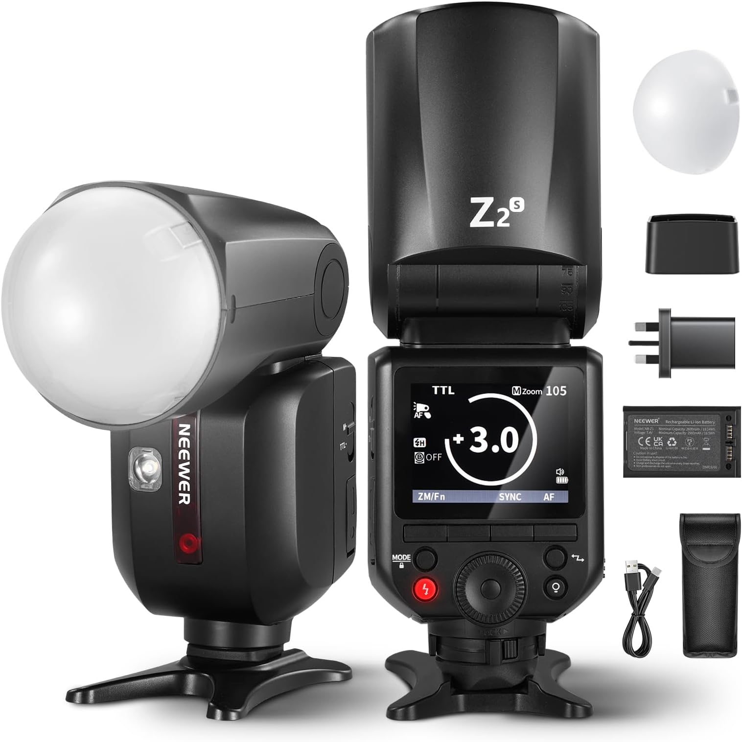 NEEWERZ2-S 2.4G TTL Round Head Flash Speedlite for Sony, 76Ws Speedlight with Dome Diffuser, Upgraded UI, TTL/M TCM Toggle Key, 2 Modeling Lamps 1/8000s HSS 7.4V/2600mAh Battery 480 Full Power Flash