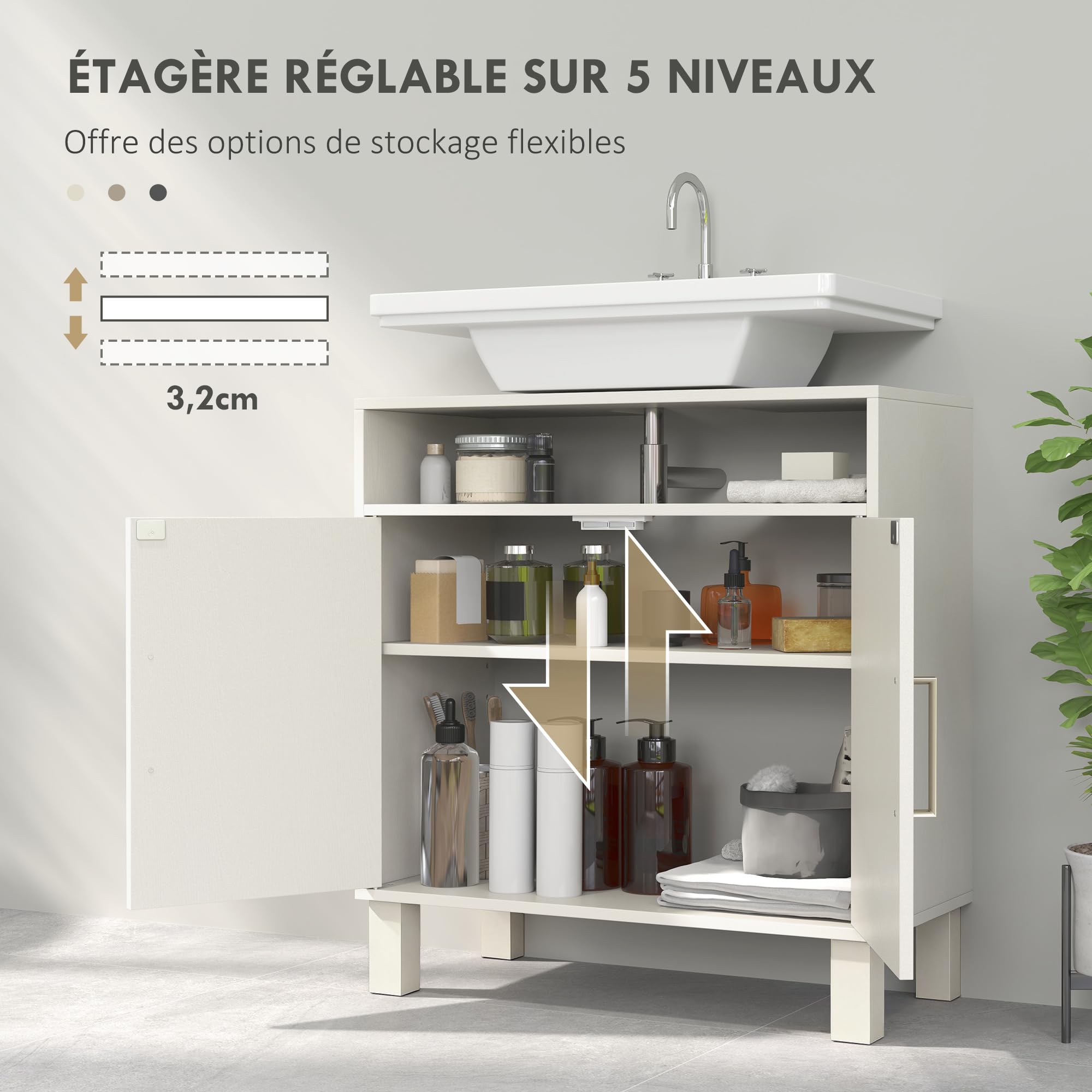 HOMCOM Meuble Salle de Bain sous lavabo, Meuble sous lavabo, étagère Ouverte Placard 2 Portes magnétiques avec étagère réglable, 60 x 30 x 63 cm, Blanc