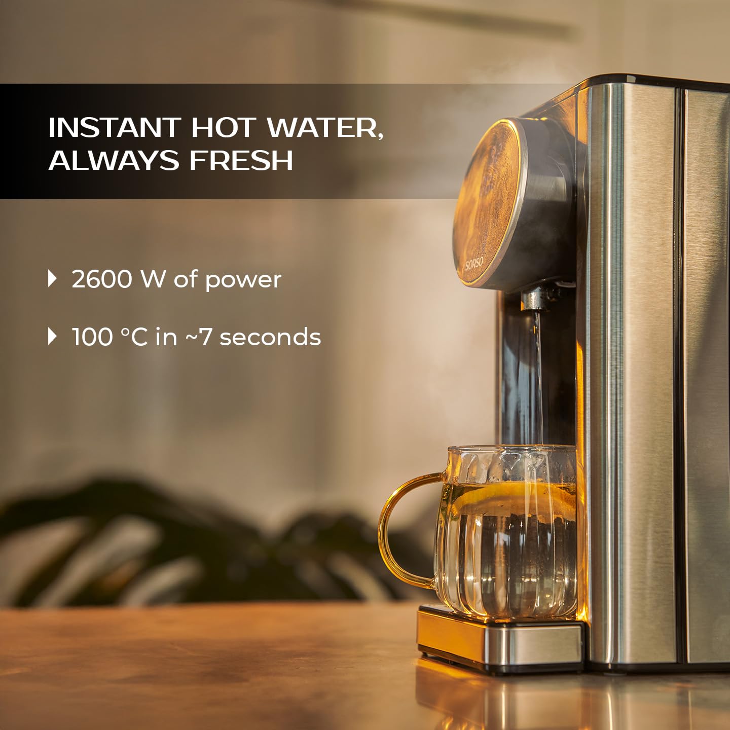 SORSO Flow - Dispenser di acqua calda con regolazione della temperatura, bollitore per tè, purificazione dell'acqua per alimenti per bambini, 2,7 l, 2600 W, 40-100 °C, argento