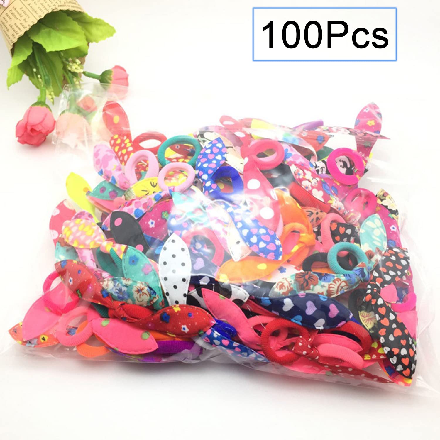 Bandes élastiques pour cheveux, 100 pièces, élastiques pour enfants, oreilles de lapin, bande de cheveux, queue de cheval pour filles et femmes (multicolores)