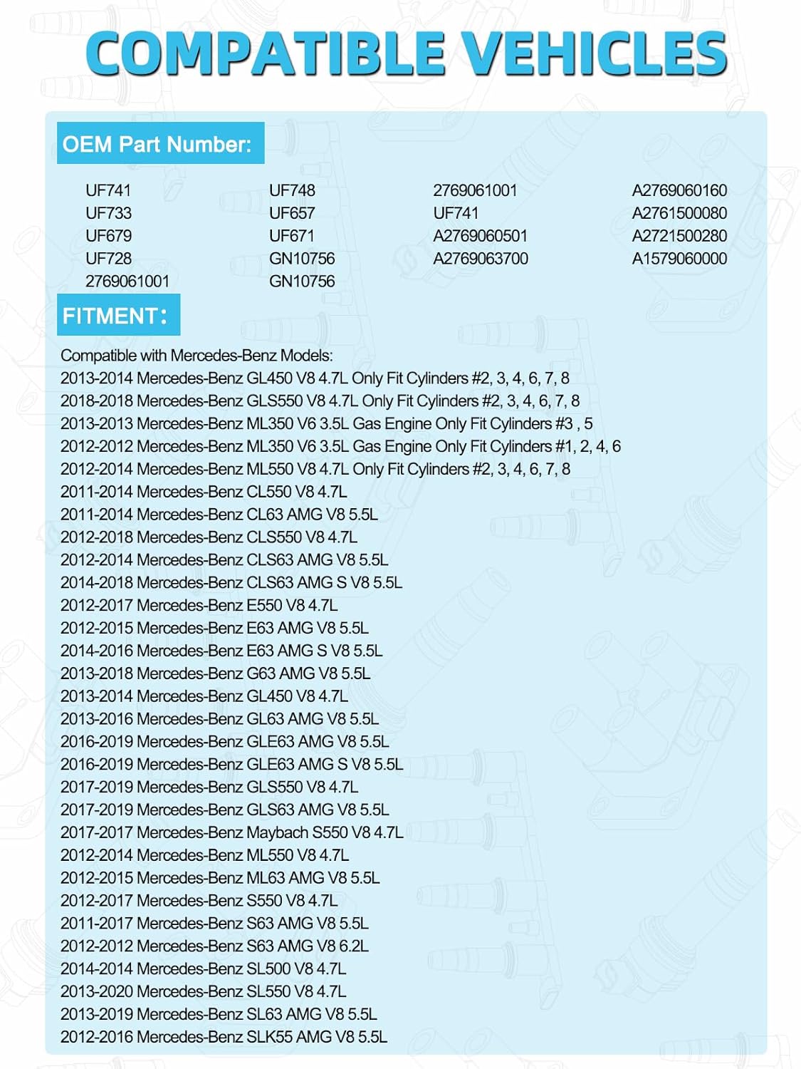 Set of 6 UF741 Ignition Coil Pack & Spark Plugs (3.5L 5.5L 6.0L) For Mercedes-Benz C300 C350 E300 E350 E400 GLK350 R350 SLK350 S63 CL63 AMG S600 2011-2016,#UF-741 2769060501 2769063700