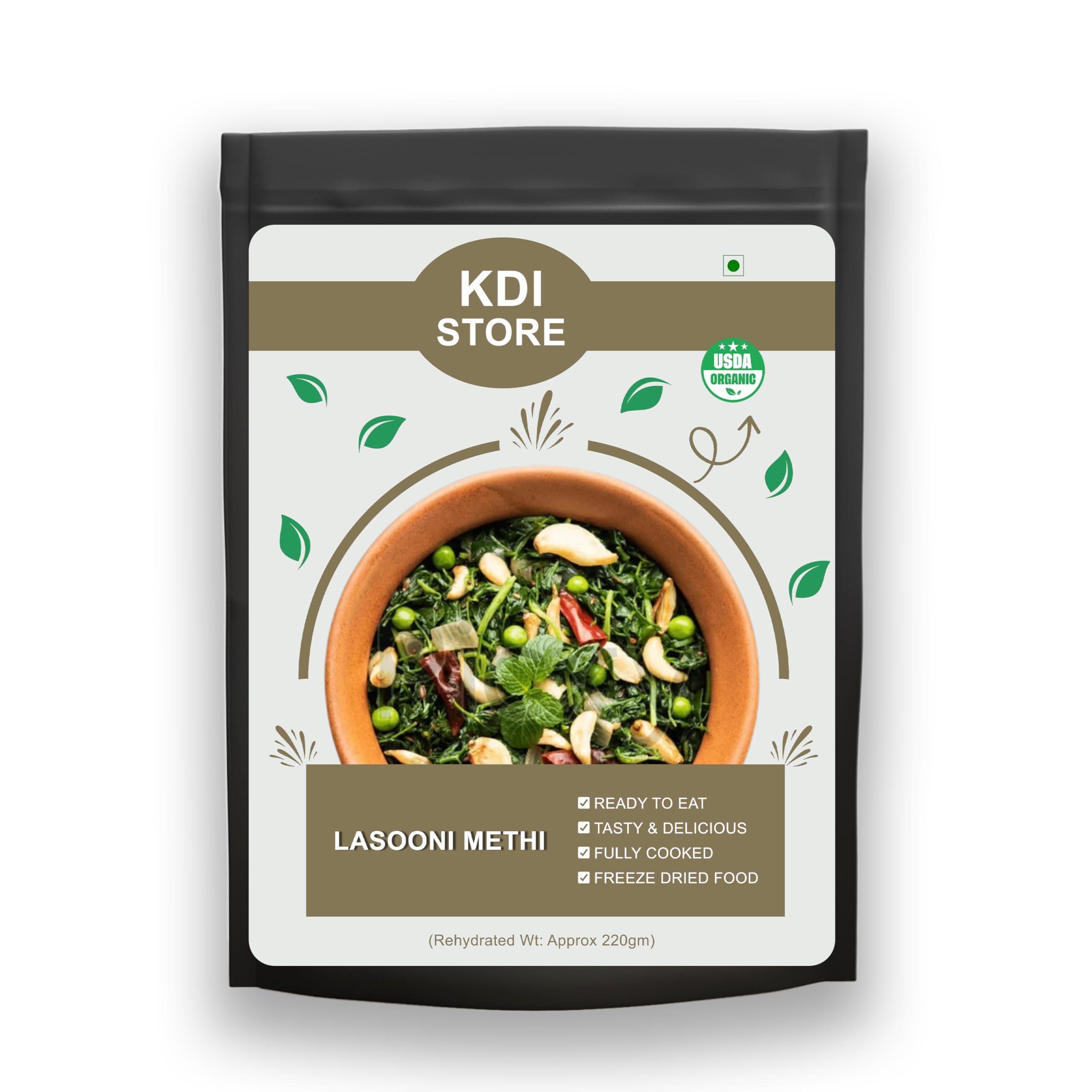 KDI Store Lasooni Methi, USDA Organic Ready-to-Eat Indian Curry, Freeze-Dried, Garlicky Spiced,50g