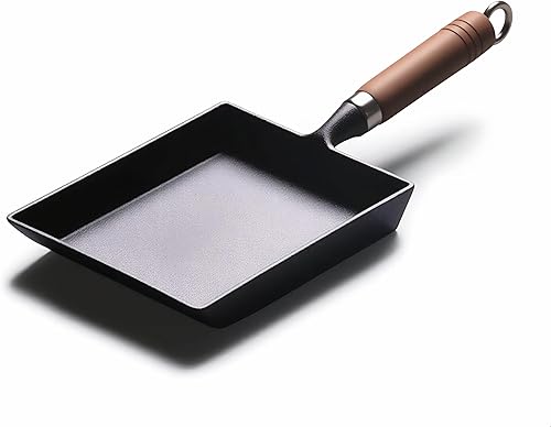 Japanese Cast Iron Tamagoyaki Pan - Pre-Seasoned, Liquid Nitrogen Treated, Non-Rust, Ready to Use, Detachable Wood Handle, Oven Safe, for Omelets,