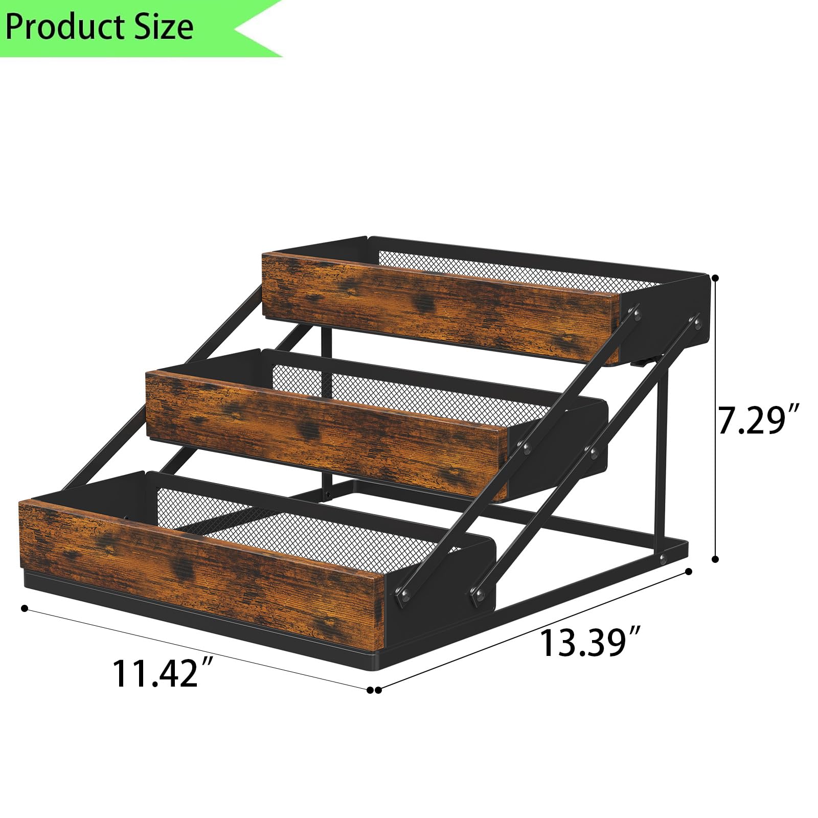 Organizador de especias de 3 niveles para gabinete, estante de especias plegable para encimera, cajones de gabinete, almacenamiento de especias de madera rústica para estación de cocina