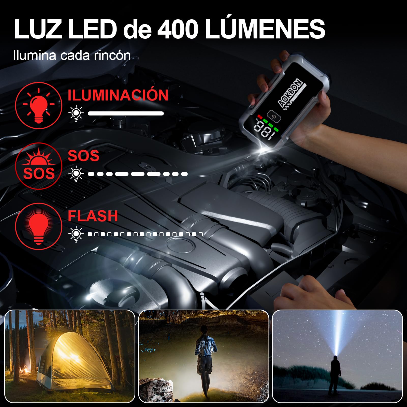Arrancador de Coches 7000A 12V Arrancador de batería para Todo Gasolina o 10L de Diésel Booster con Pantalla LCD Grande Clips de Seguridad Inteligentes Carga USB y Luz LED