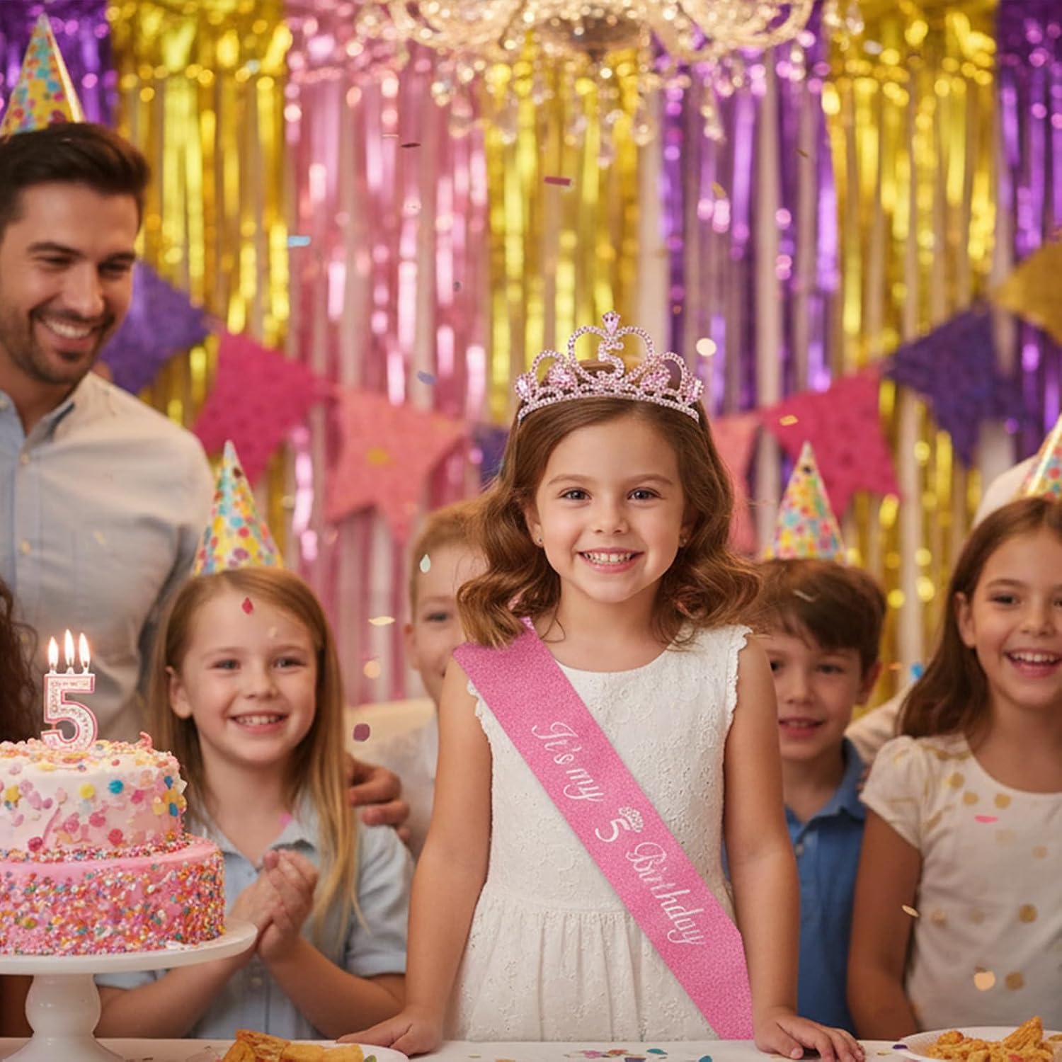 Jaciya 5th Birthday Crown & Sash Set - Princess Tiara with Rhinestones, Birthday Girl Sash & Hair Clips Party Accessories