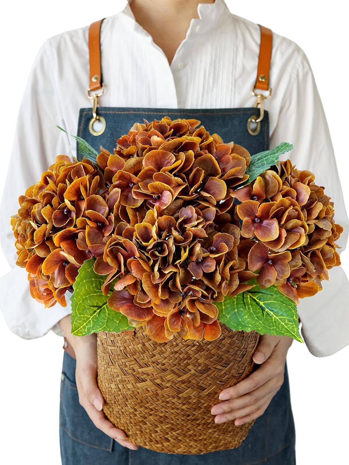 JINWOE Fall Hydrangea Artificial Flowers, 4Pcs 21” Latex Real Touch Flowers, Faux Silk Flowers Fake Artificial Hydrangeas with Stems for Bouquet Table Centerpieces Halloween （Raw Umber Brown）