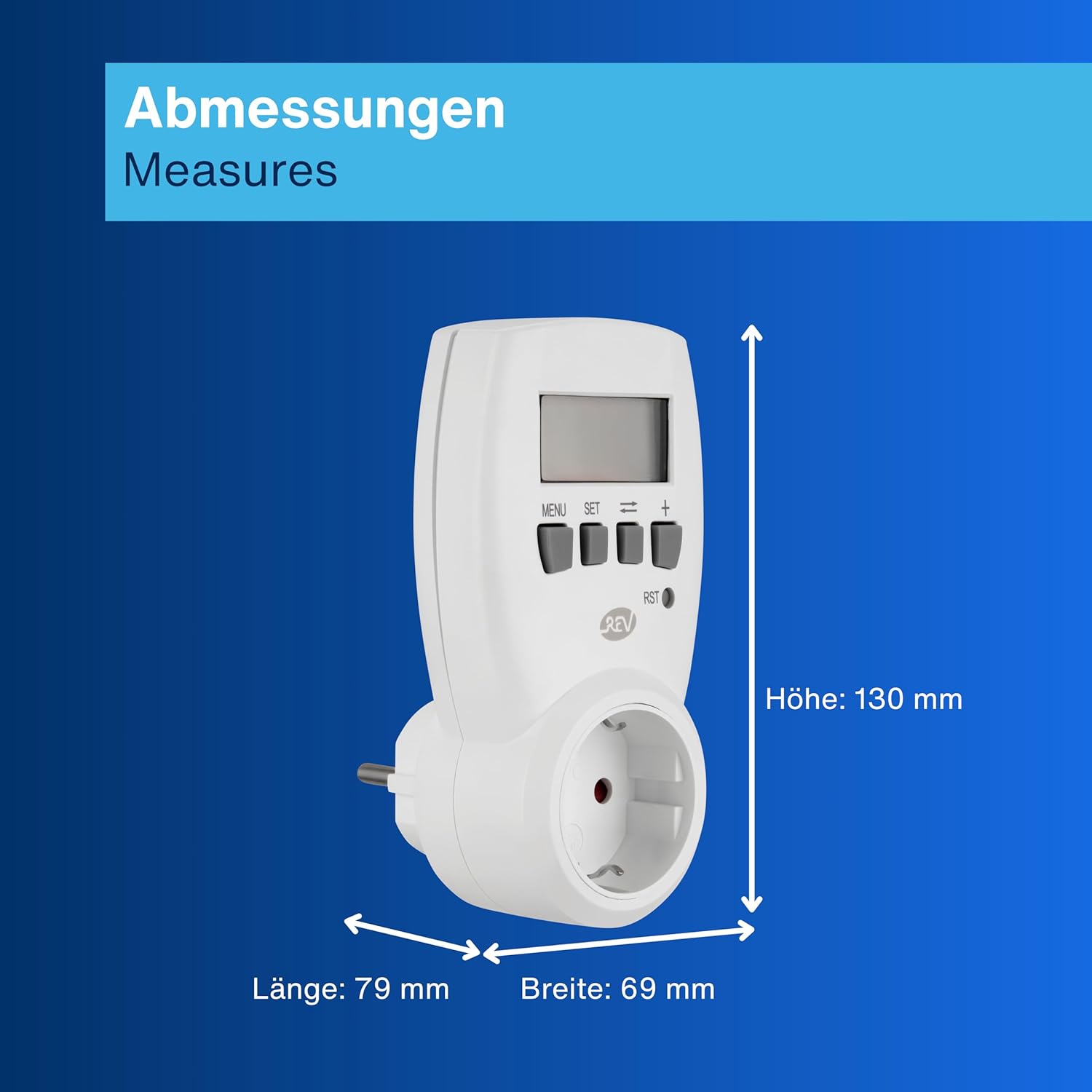 Dimensions of the REV 002580 Energy Meter: 130 mm height, 79 mm length, 69 mm width.